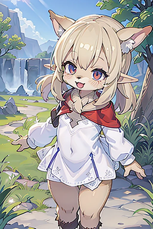 loli, outside, open mouth, smiling, daylight, short, small, pointy ears, elf ears, furry