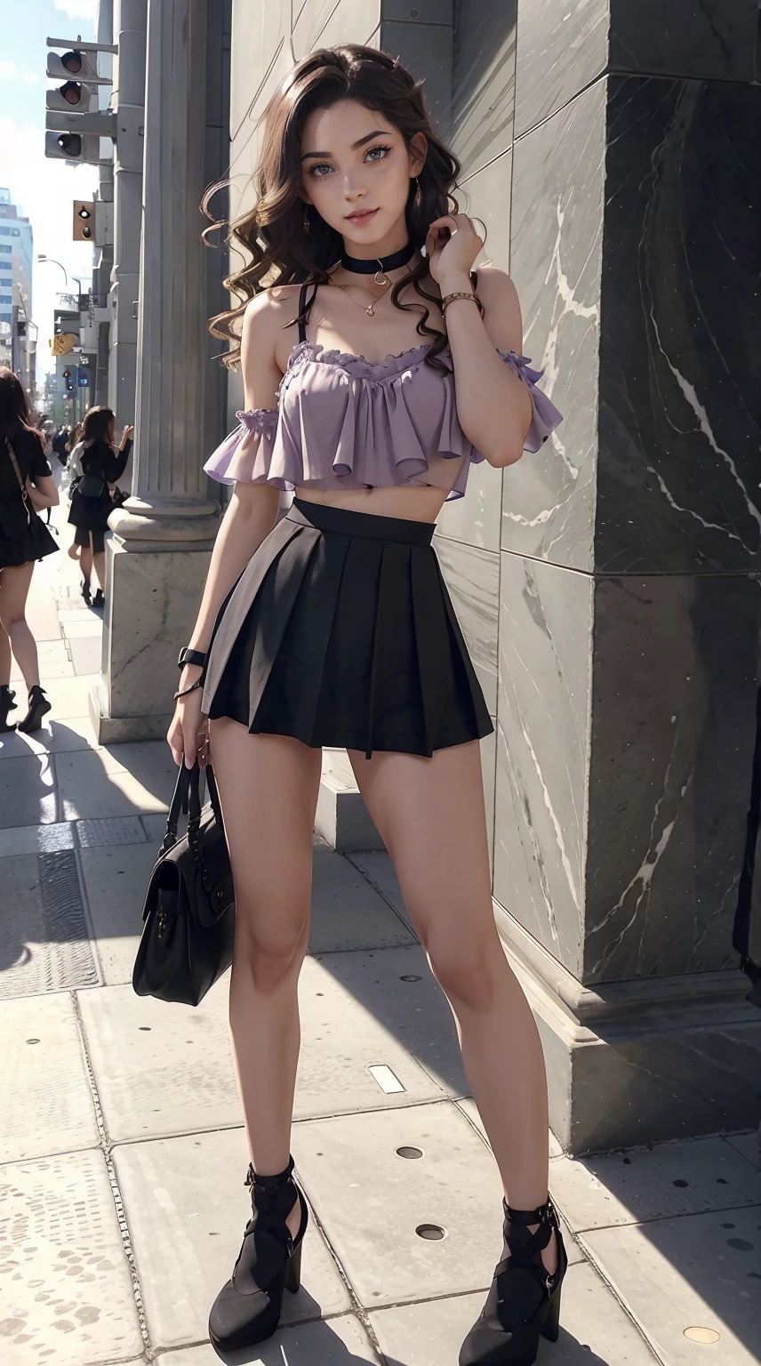 19-year-old woman、Hair color is a gradation of brunette and purple、Eye color is blue、Longhaire、hair is wavy、setting the hairstyle、wearing eye shadow and lipstick、accessories on wrist、Slender but well-proportioned muscular body、a smile、My abs are cracked、The navel is visible、wearing a transparent blouse、I&#39;m wearing a mini-length pleated skirt、I&#39;m wearing thigh-high black socks、I&#39;m near a marble pillar on the sidewalk in a built-up area.、illuminated by sunlight、wearing a frilly arm dress、She wears a choker made of lace around her neck.
