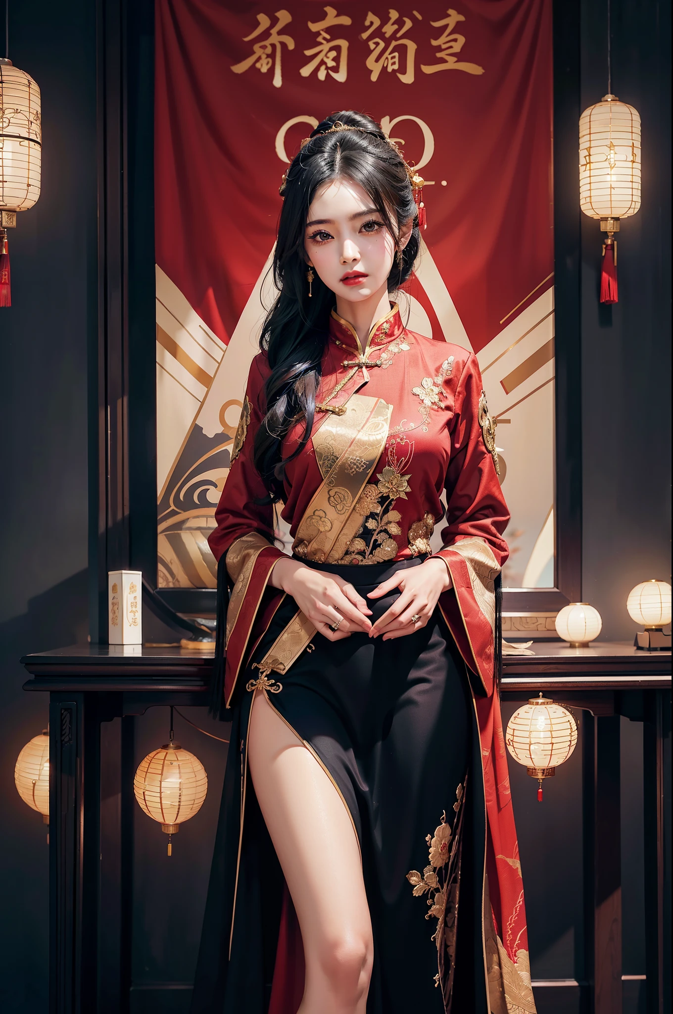 1female，45 yers old，Married woman，legs long, a slender waist， photo exposure， report， She has long black hair，Redlip，The stands up，seen from the front， curlies， sky with many clouds，（（（tmasterpiece），（Very detailed CG unified 8k wallpaper），Best quality，电影灯光，detailed back ground，Beautiful right eye pupil，（very delicate beautiful），（Beautiful and detailed eyes description），ultra - detailed，tmasterpiece，）），facing at the camera，A high resolution，ultra - detailed），Revealed，equipment， convex，Camel toes，Raised sexy，Queen of China（dressed in：，Gold wire embroidery，Red cheongsam，Lace，redcloak），16k，Master works，