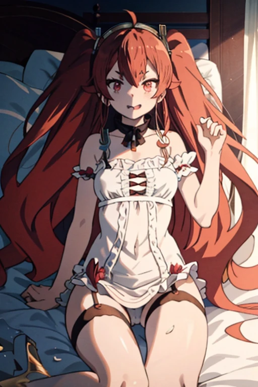 ((Best Quality)), ((masutepiece)), (Detailed),Fluffy garter belt, boy on top/missionary　,twintails, glowing eyes, tongue out, on bed Sexy lingerie　Sheer nipple-shaped legs　 spread　Embarrassed expression　heart-shaped eyes glowing pink pupils Overflowing semen　The long-haired　Dripping sweat