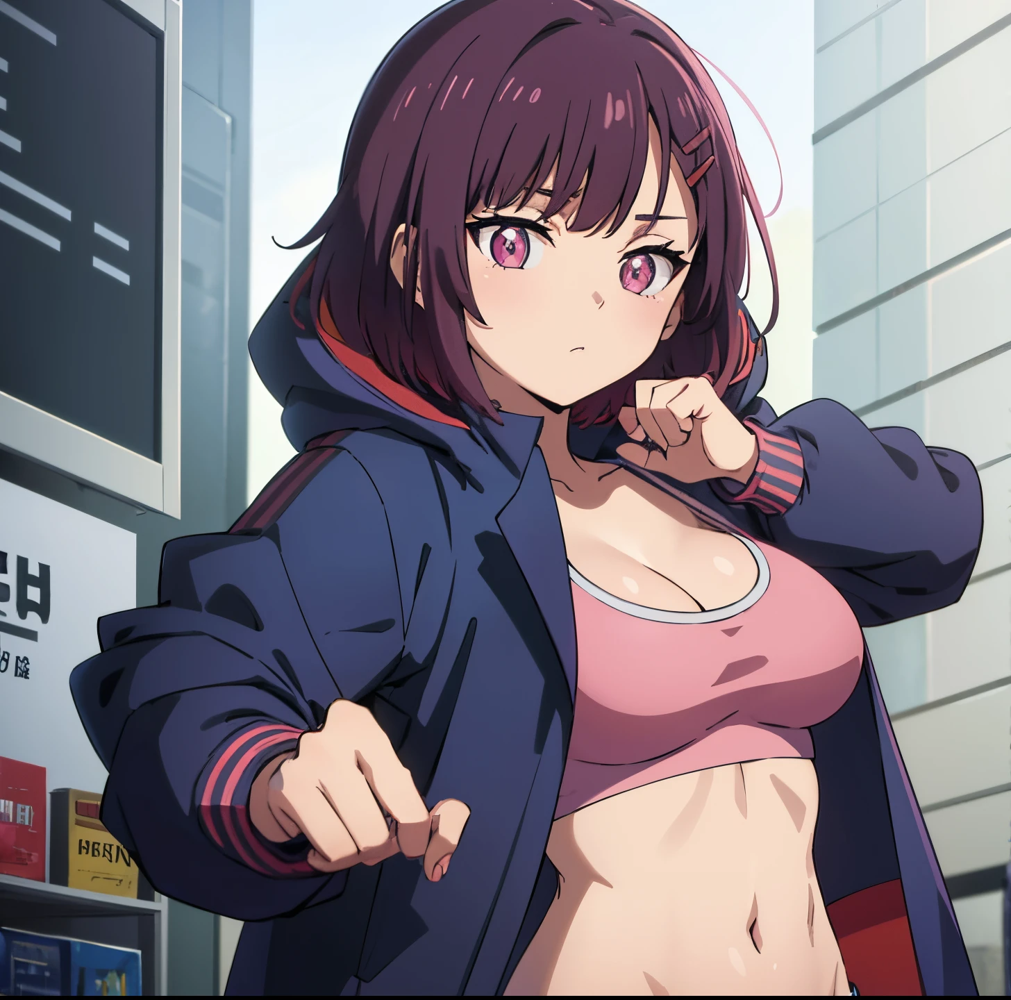 shizukamikazuki, shizuka mikazuki, short hair, purple hair, hair ornament, hairclip, (pink eyes:1.5), swept bangs,
BREAK navel, cleavage, jacket, open clothes, midriff, hood, open jacket, blue jacket, hooded jacket, sports bra, hood down,
BREAK looking at viewer,
BREAK outdoors,
BREAK (masterpiece:1.2), best quality, high resolution, unity 8k wallpaper, (illustration:0.8), (beautiful detailed eyes:1.6), extremely detailed face, perfect lighting, extremely detailed CG, (perfect hands, perfect anatomy),