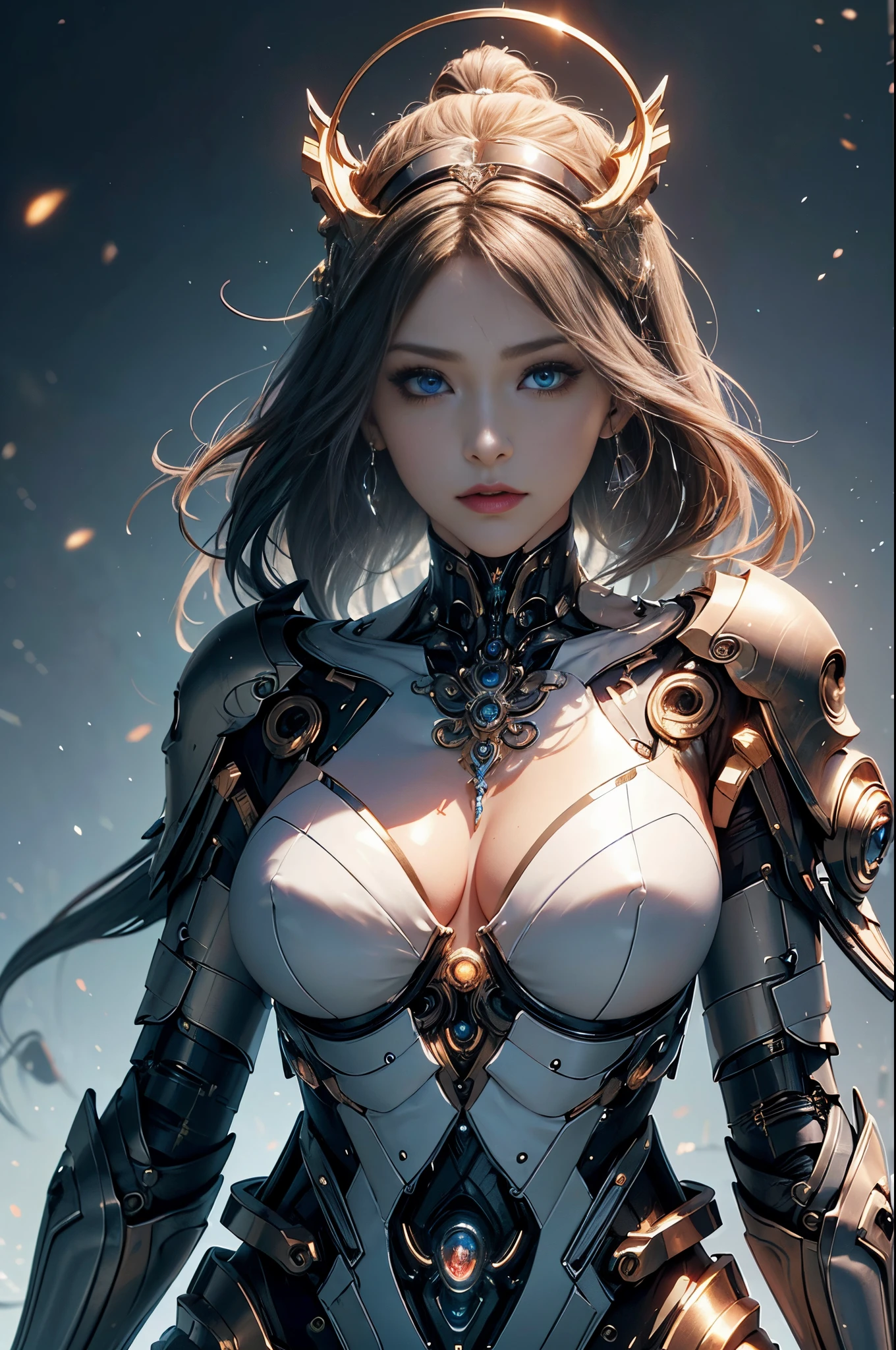 intricate ornate anime cgi style, super detailed fantasy characters, 4K highly detailed digital art, karol bak uhd, cyborg goddess in cosmos, beautiful digital works of art, 2. 5 d cgi anime fantasy artwork, Goddess. extremely high detail, portrait of cyborg queen, extremely detailed goddess shot, Half body machine, Inorganic, Next generation high performance cyborg, Goddess of Machines, The perfect cyborg, ultimate replicant, A masterpiece created by ultra-high performance AI, ultimate weapon, Best Quality, Perfect Angle, perfect-composition, sharp outline, Best Shots, perfect shapes, perfect model style, Very beautiful and detailed eyes, Hollow eyes, blue eyes without pupils