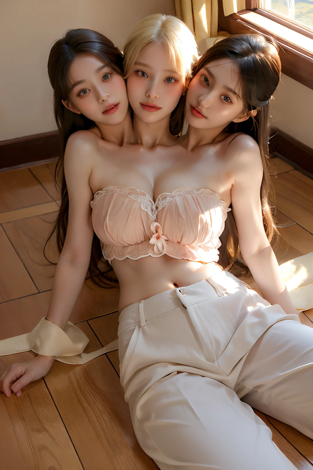 (masterpiece, best quality), best resolution, (3heads:1.5), realisticlying、 1 人、Italian, Blonde-haired, young, cute, heads side-by-side equally on chest, verd s eyes, floor-length hair, large breasts, straight hair, bangs, radiant eyes, croptop, skinny pants, Parted lips, red blush, natta, florals, suns, sunlights, on floor