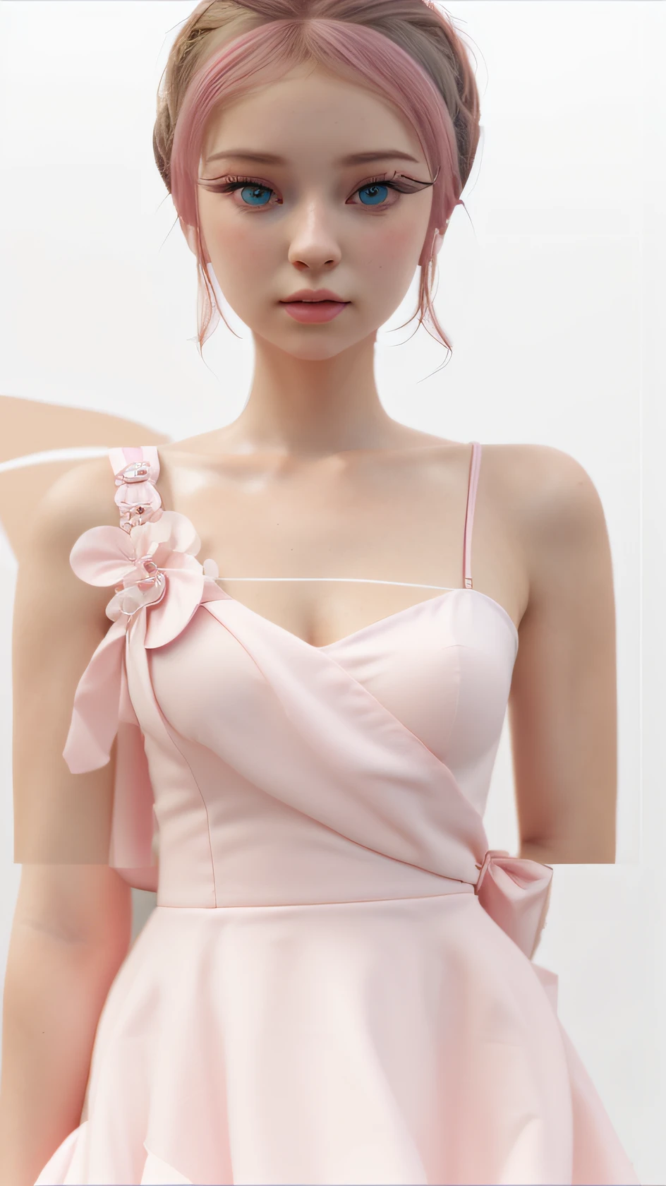 masterpiece, best quality, one girl, pink dress with flared shoulder straps , game cg, detailed, white background