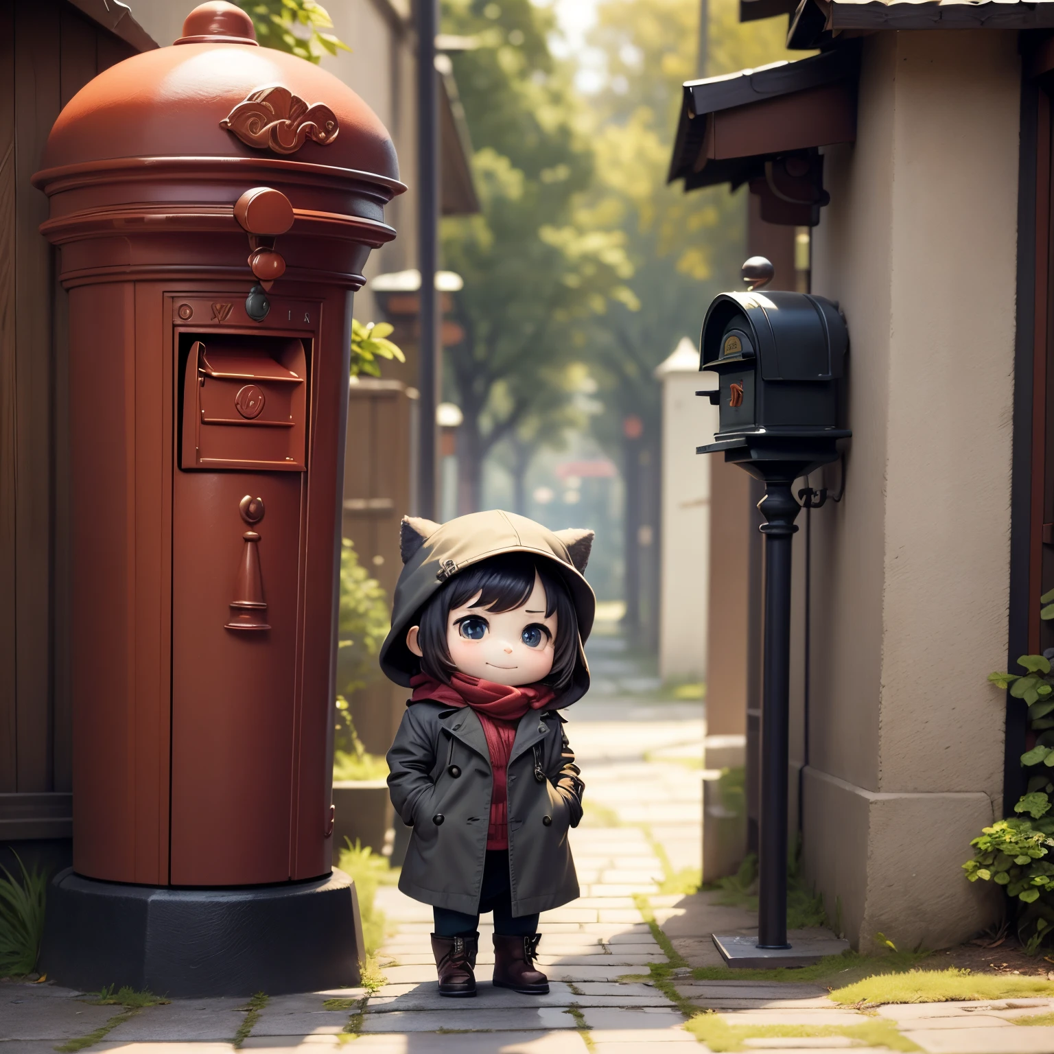 ​masterpiece、top-quality、ultra-detailliert、（Chibi Chara：1.2）、Trench coat for the winter、muffler、Stretch your back、(Postbox:1.27)（put a letter in the mailbox:1.2),A smile、post office，Full-body standing figure