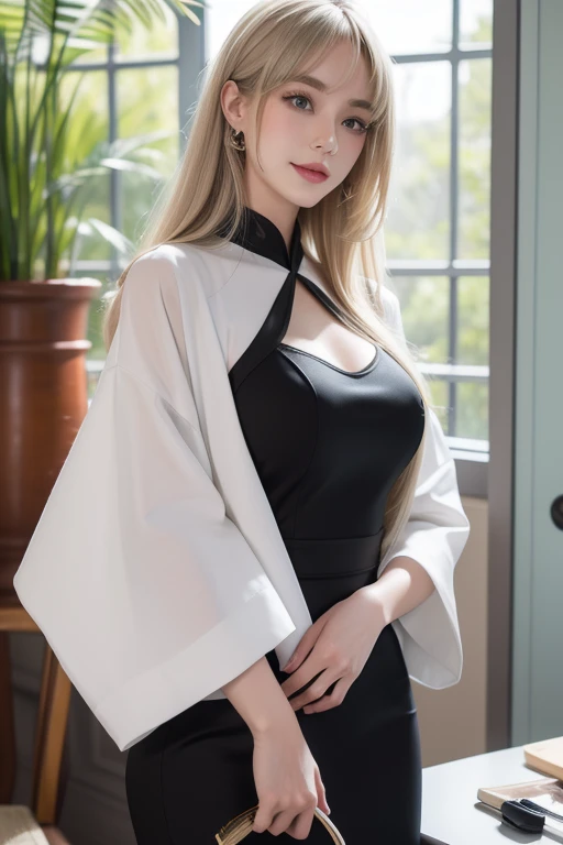 side locks, Long gray hair, Smiling, looking at viewert, seen from the front, dual horsetail, through bangs, Blonde hair, Moles under the eyes, Water-colored eyes, fox ear, cosmetics, avas, tmasterpiece, high high quality, Best quality, Anatomically correct, poster cheongsam, Black dress, cosmetics, Redlip, Wide hips, humongous large breast, cloth window