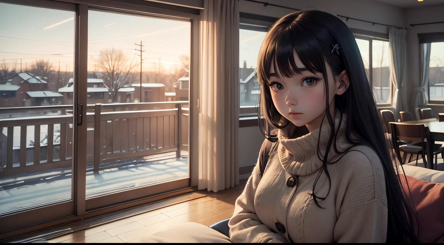 Anime girl in a living room with large windows and a winter sky view, in the style of dark