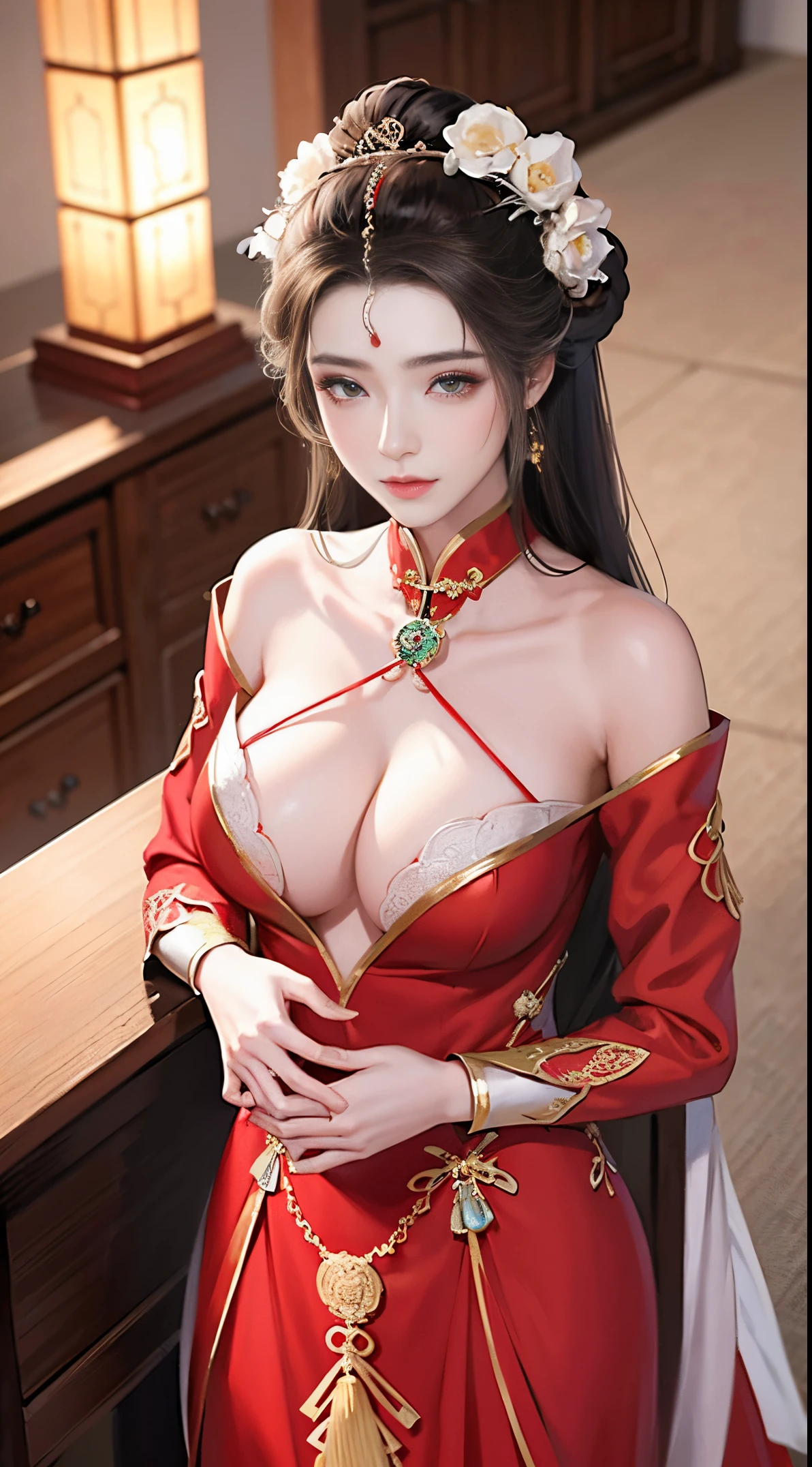 a close up of a woman in a traditional chinese dress, Princesa chinesa antiga, ancient asian dynasty princess, chinese empress, 宮 , A girl in Hanfu, Wearing ancient Chinese clothes, China Princess, inspired by Xie Huan, Inspired by Guo Xi, Imperial royal elegant clothing, Inspired by Li Tang, Inspired by Qiu Ying, Inspired by Lan Ying, (hyper realisitc), (illuminations), (A high resolution), (8K), (very detailed nippleest Best Illustration), (Beautiful and detailed eye quality), (ultra - detailed), (tmasterpiece), (Detailed faces)