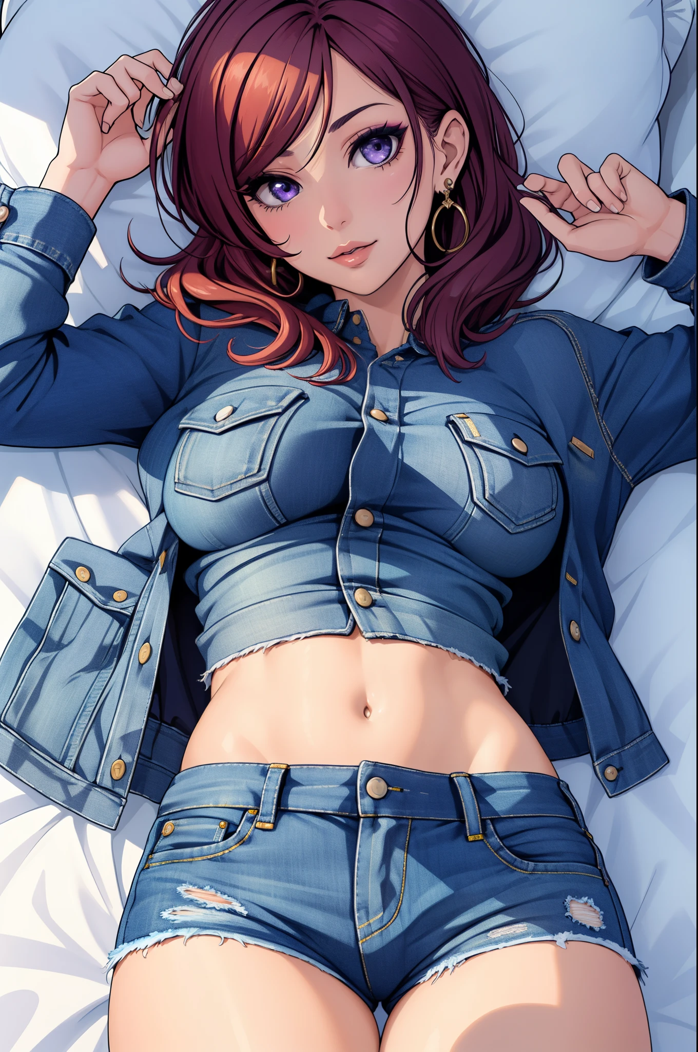 (Masterpiece, Best Quality, High Quality:1.4), professional artwork, well drawn, Intricate Details, field of view, pov, from above
Nishikino maki, race background, afternoon,
Red hair, lipstick, makeup, ultra detail hair, ultra detail face, perfect eyes, perfect submissive face, earring, purple eyes, big breasts,Looking at Viewer, flirting, on ground , laying, on back, arms up ,sexy, nipple ,
Tight short denim shorts, unbuttoned shorts,crop jacket, sweater.