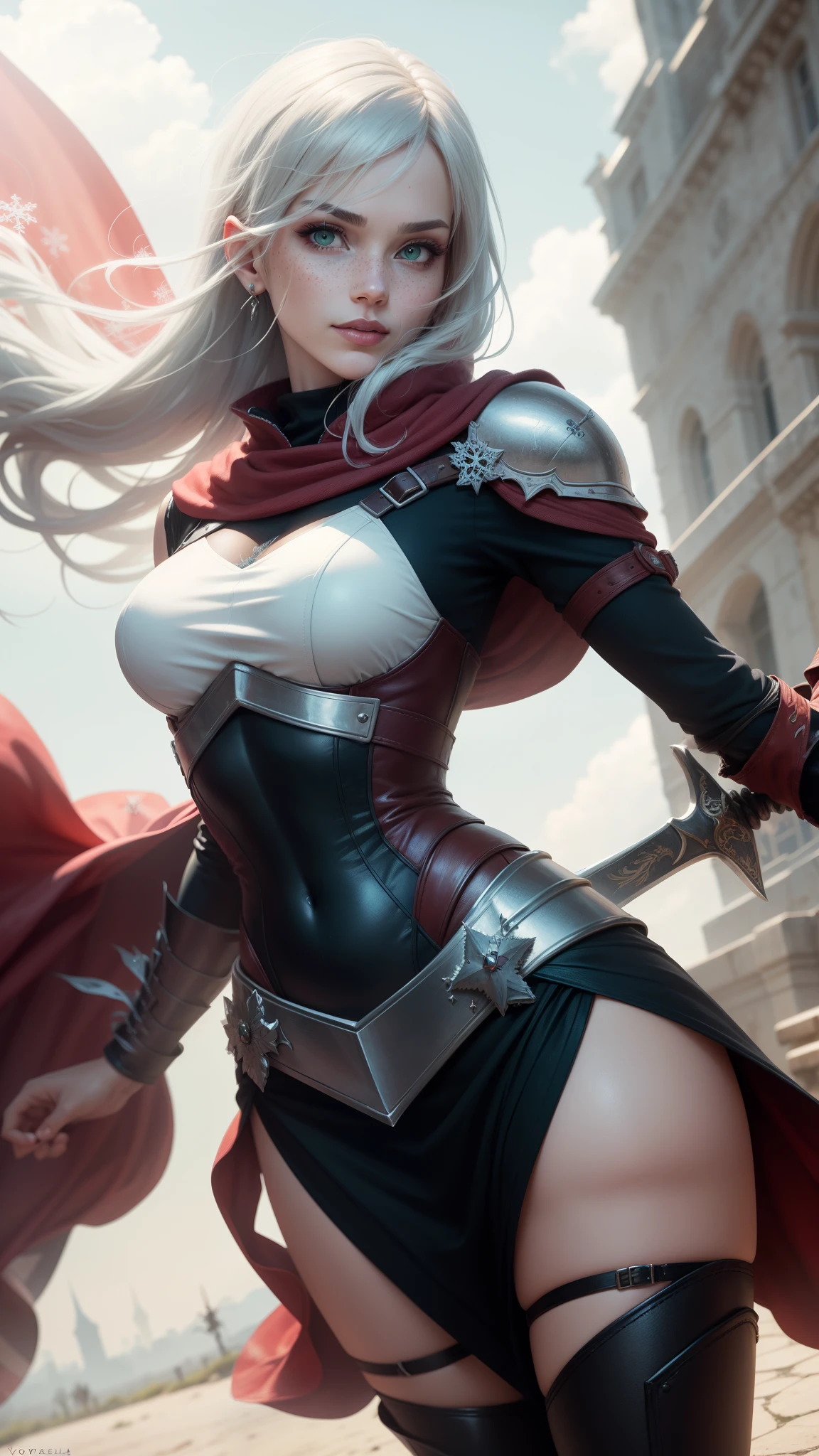 gwen tennyson,yorha 2b,tracer,y'shtola rhul,overwatch,atelier ryza,close up,battlefield,tattoos,red and white plugsuit,white short sleeve knight top,short sleeve full plate knight armor,long knight skirt,crystal knight corset,long curly hair,princess makeup, green eyes,multicolored silver hair,long dress train,sexy smile, freckles,beautiful girl,crystal thigh high boots,large breasts,8k,ultra detailed,realistic,fantasy art,winter knight uniform,queen gown dress,ear piercings,crystal hand and neck jewelry,(weather:windy),1girl,long scarlet knight coat,castle siege, snowflake hair pin,