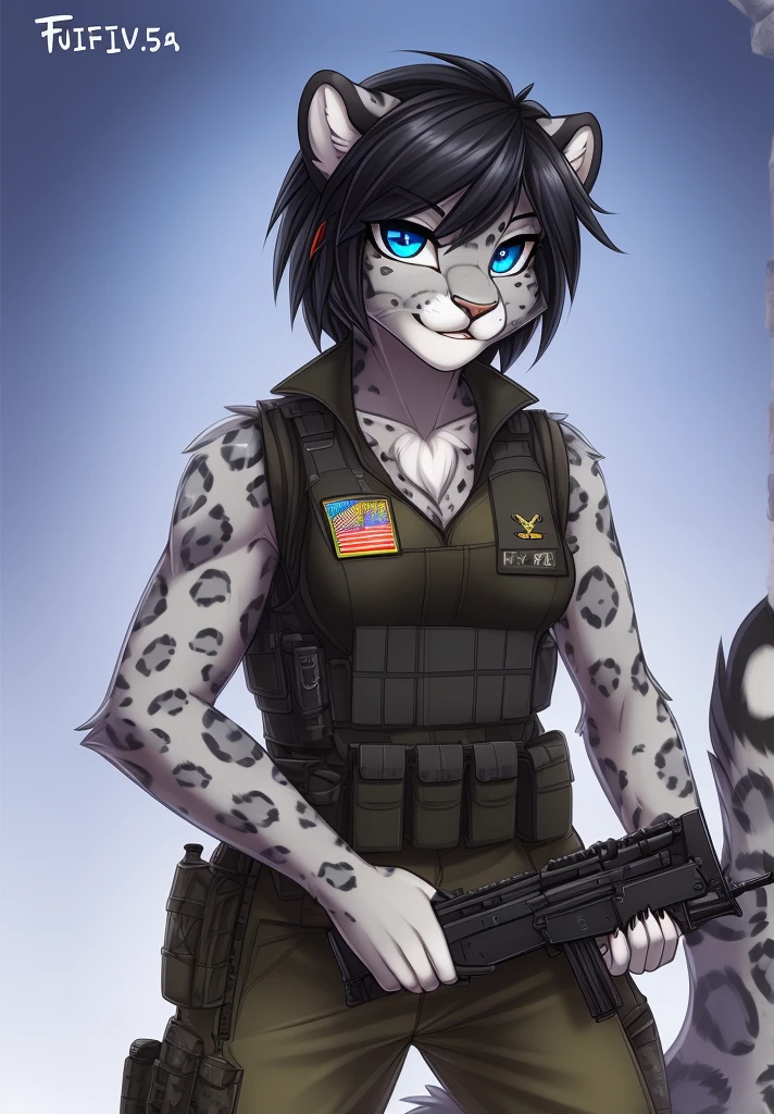 by fluff-kevlar, (best quality, masterpiece:1), solo, anthro, furry, female, ((Snow Leopard)), blue eyes, black hair, short hair, portrait, fingers, finger claws, looking at viewer, snow leopard tail, ((huge tuft of hair on the chest)), ((military gear)), ((fully clothed)), ((small breasts)), (tactical vest), ((Sig-552))