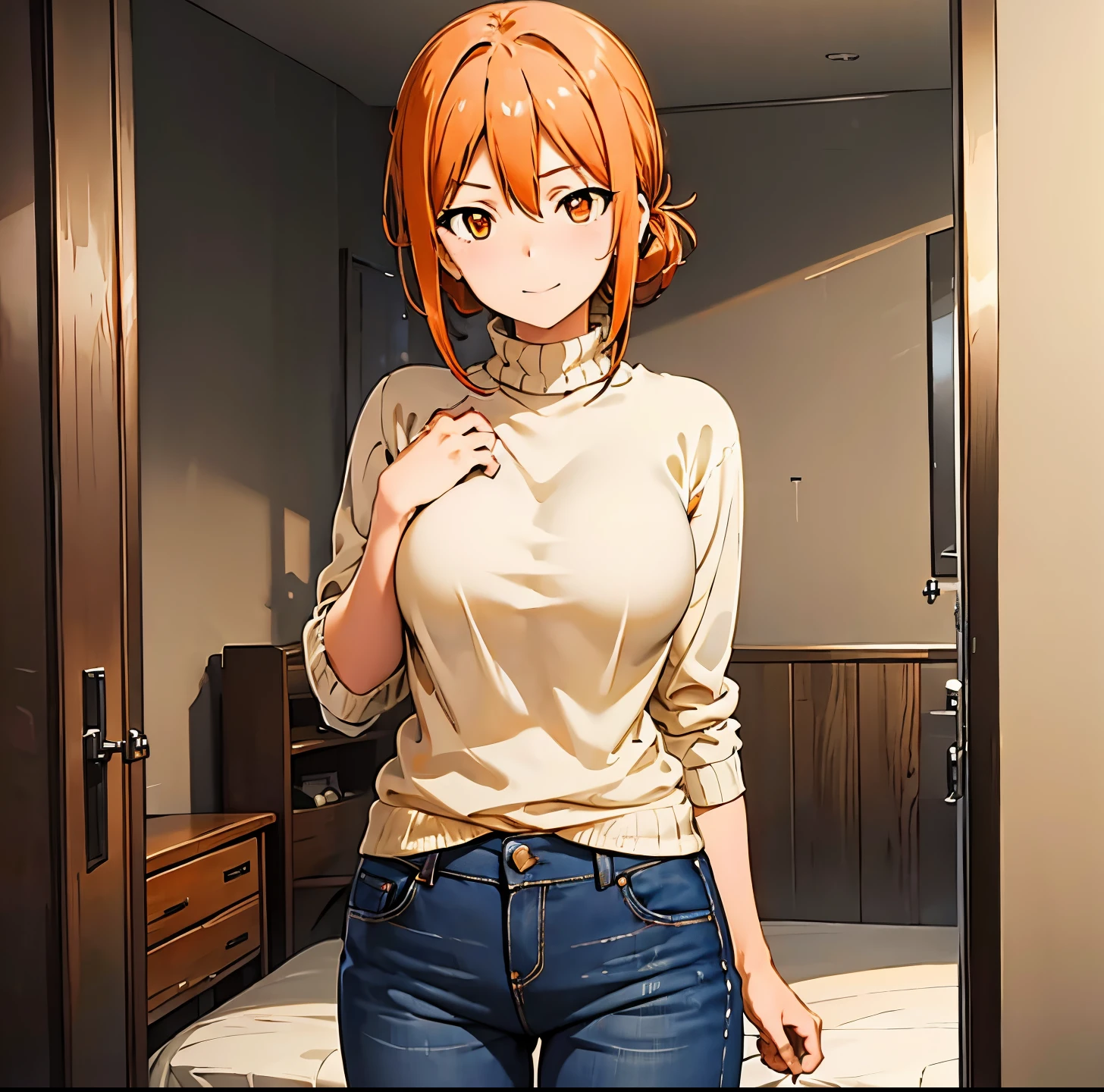 yuigahamama, yuigahamama, hair bun, mature female, (orange eyes:1.5), orange hair, short hair, single hair bun, hair between eyes, sidelocks, smile,
BREAK denim, jeans, pants, sweater, turtleneck, turtleneck sweater, white sweater,
BREAK indoors, bed,
BREAK looking at viewer, (cowboy shot:1.5),
BREAK (masterpiece:1.2), best quality, high resolution, unity 8k wallpaper, (illustration:0.8), (beautiful detailed eyes:1.6), extremely detailed face, perfect lighting, extremely detailed CG, (perfect hands, perfect anatomy),