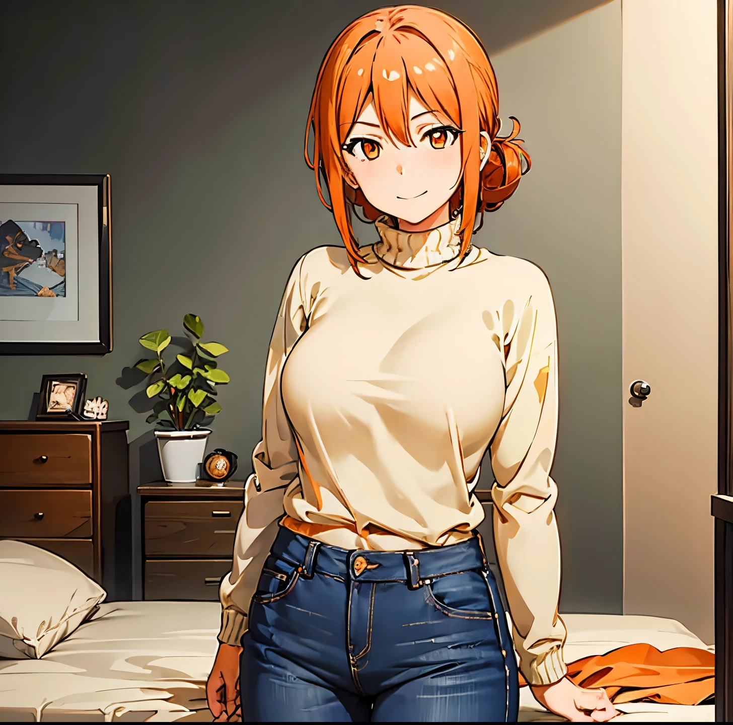 yuigahamama, yuigahamama, hair bun, mature female, (orange eyes:1.5), orange hair, short hair, single hair bun, hair between eyes, sidelocks, smile,
BREAK denim, jeans, pants, sweater, turtleneck, turtleneck sweater, white sweater,
BREAK indoors, bed,
BREAK looking at viewer, (cowboy shot:1.5),
BREAK (masterpiece:1.2), best quality, high resolution, unity 8k wallpaper, (illustration:0.8), (beautiful detailed eyes:1.6), extremely detailed face, perfect lighting, extremely detailed CG, (perfect hands, perfect anatomy),