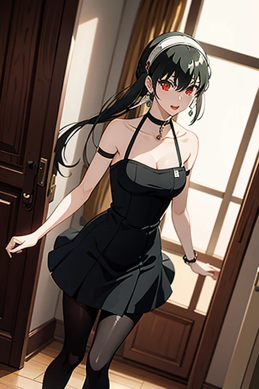 masutepiece, Yor, 1girl in, Solo, Looking at Viewer, Black hair, Red Eyes, Dresses with visible backs,black pantyhose king,pin heels ,side locks, shairband, earrings, , Long Straight,white hairband,hotel,Reception