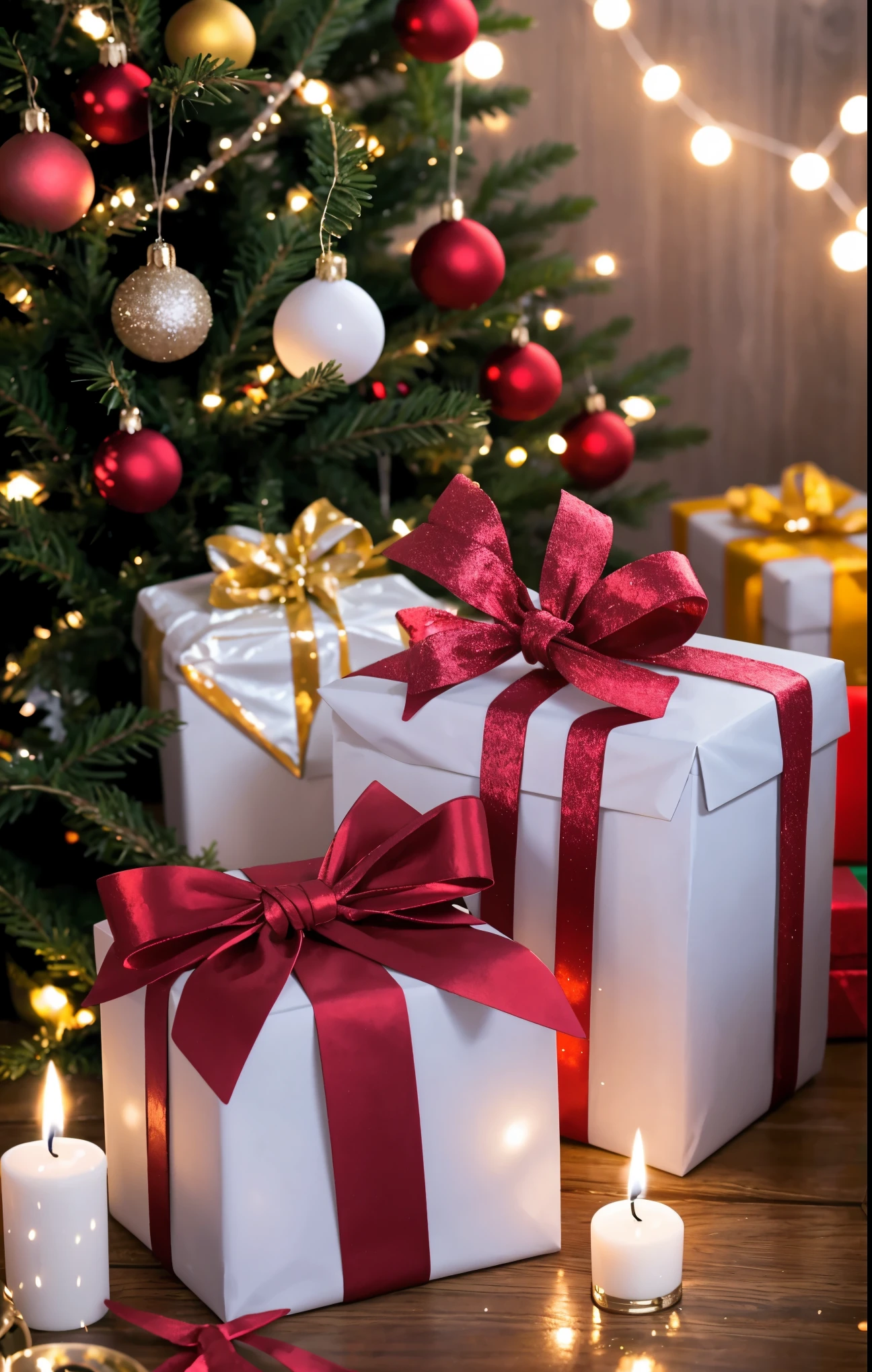 (best quality,4k,8k,highres,masterpiece:1.2),ultra-detailed,realistic,gifts,table,Christmas tree,decorations,wrapping ,bows,ribbon,presents,holiday spirit,vibrant colors,warm lighting,cozy atmosphere,toys,cards,candles,snowflakes,joyful,celebration,exquisite details,exciting surprises,shiny ornaments,sparkling tinsel,beautifully wrapped,excited children,anticipation,festive mood,magical ambiance,delightful moment,wonderful memories,family gathering,cheerful faces,Christmas magic,extravagant,abundance of presents,HDR,UHD,studio lighting,ultra-fine painting,sharp focus,physically-based rendering,professional,vivid colors,bokeh.