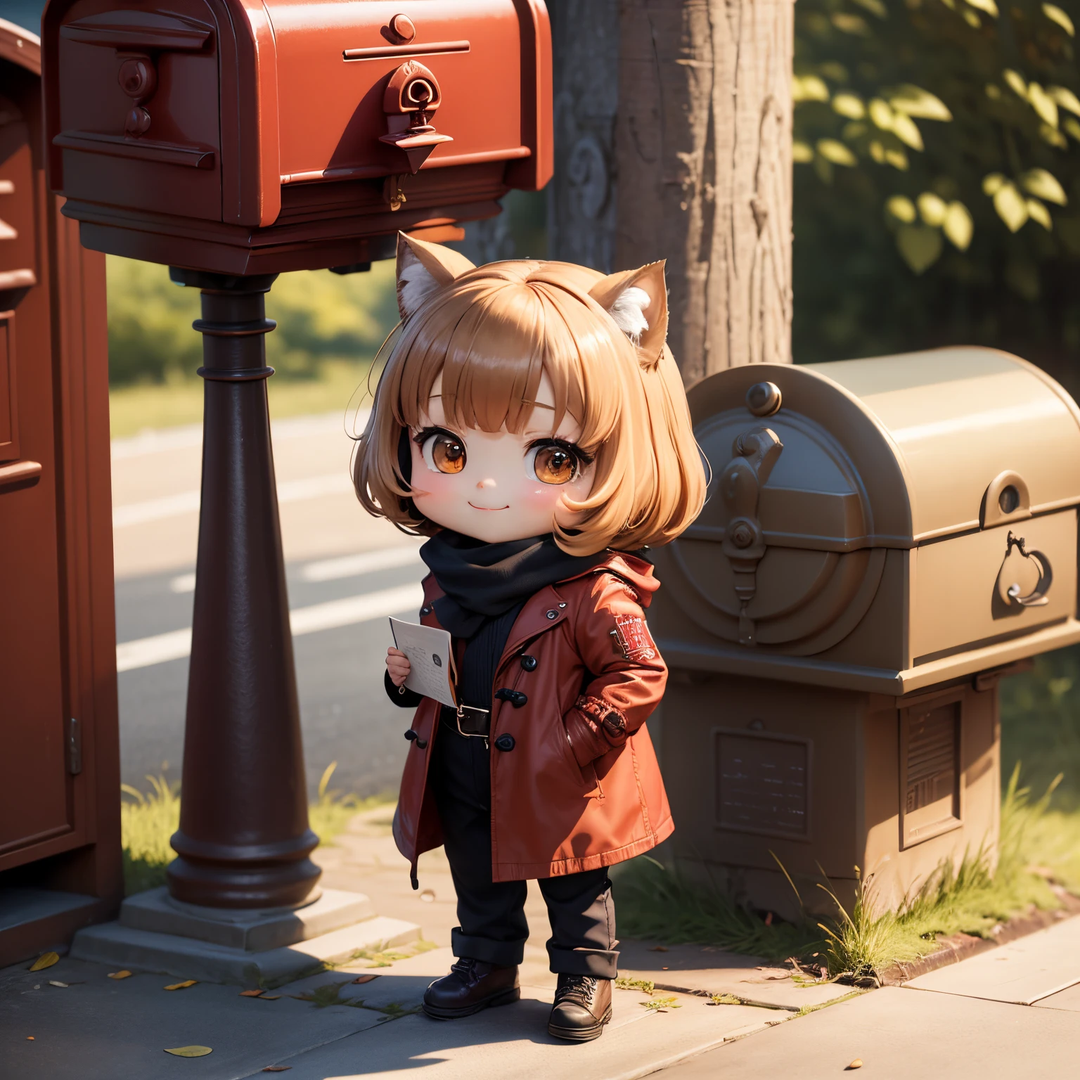 masterpiece、top-quality、ultra-detailliert、(Chibi Chara:1.2)、Trench coat for the winter、muffler、Stretch your back、(post box:1.27)(put a letter in the postbox:1.27),A smile、post office,Full-body standing figure