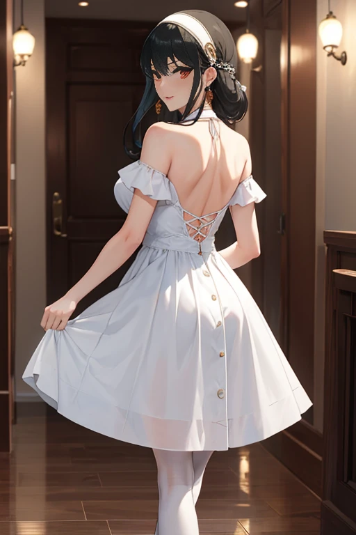 masutepiece, Yor, 1girl in, Solo, Looking at Viewer, Black hair, Red Eyes, Dress with visible back rack Pantyhose King,pin heels ,side locks, shairband, earrings, , Long Straight,white hairband,Reception hall