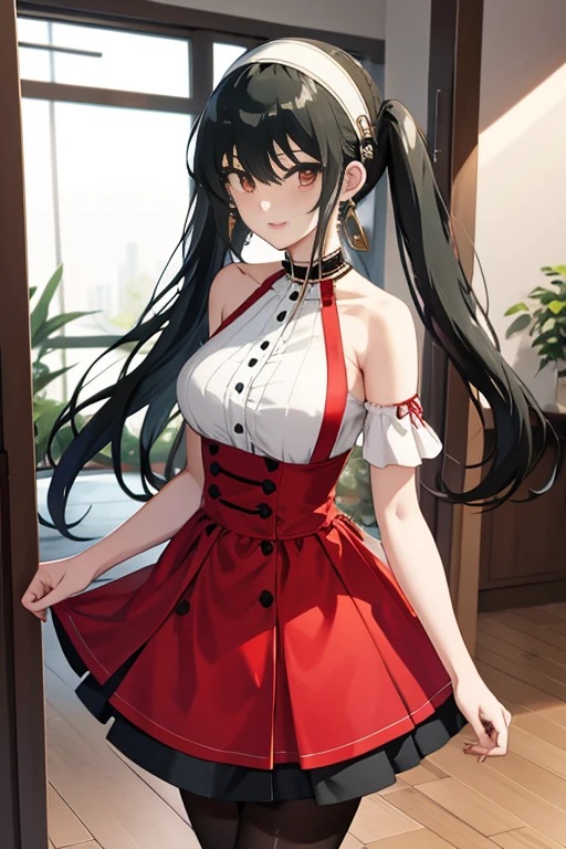 masutepiece, Yor, 1girl in, Solo, Looking at Viewer, Black hair, Red Eyes, Dress with visible back rack Pantyhose King,pin heels ,side locks, shairband, earrings, , Long Straight,white hairband,Reception hall