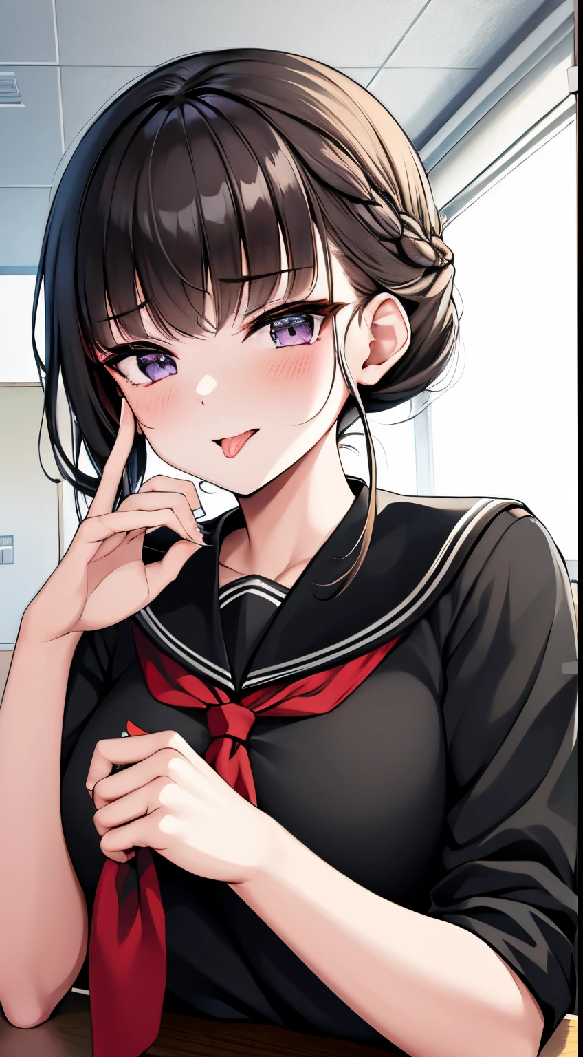 tmasterpiece,Best quality at best,jpn,hand sign,_hand sign,1 Sister,face flushed,Avak,Tongue rest_Get out, Best quality, hyper-high detail, The real Chinese dream, Short hair details, Braided hair, Brown hair, violet colored eyes, Fuku Kurosawa, green necktie, Black dress, blackstockings,,Transparent milky white liquid on face,in class room,Black sailor suit,Lie down