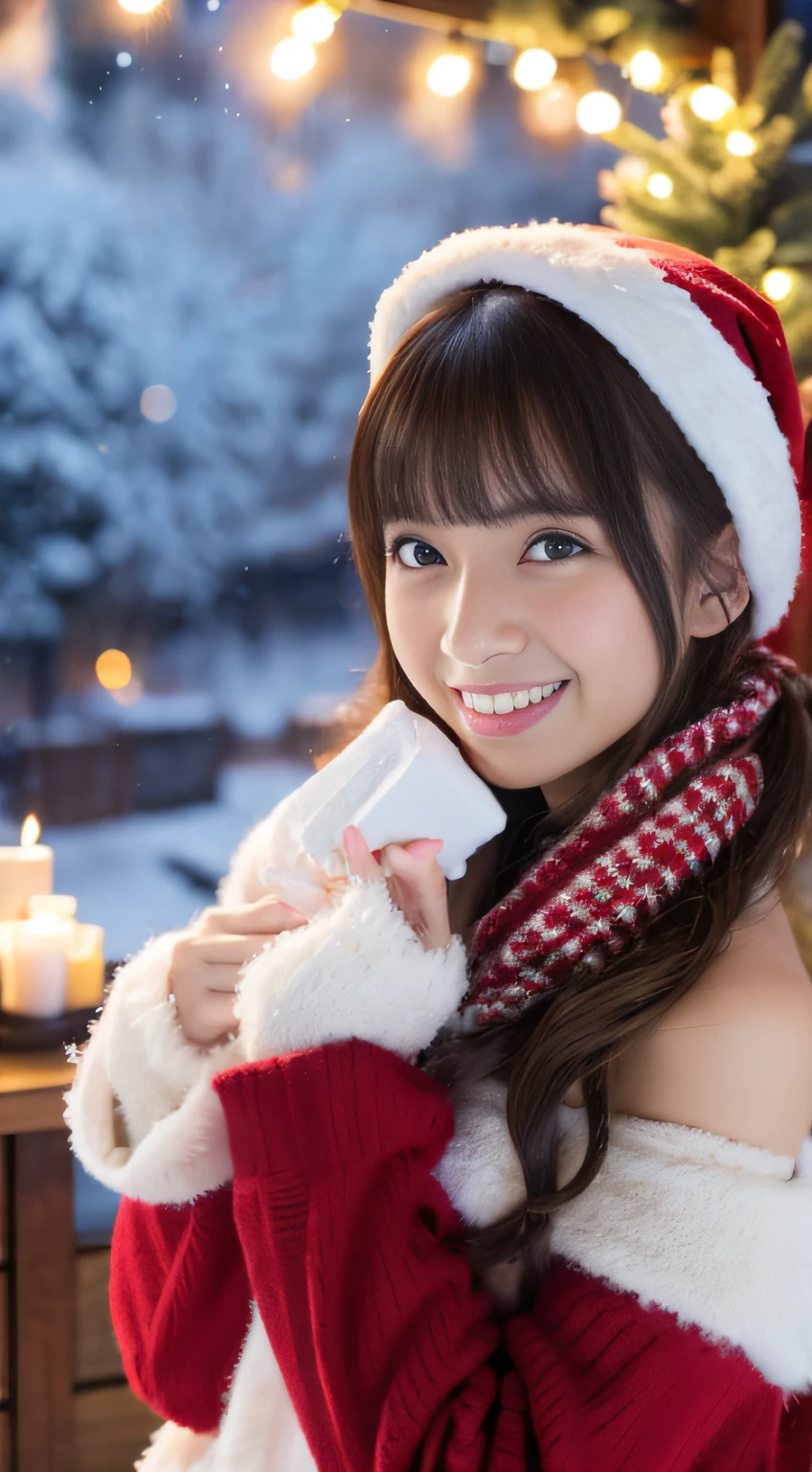 (Best Quality,4K,hight resolution,masutepiece:1.2),Realistic,Christmas,girl,Hugging a big teddy bear,stuffed animal,Wear warm clothes,Snow falling in the background,Winter wonderland,Joyful expression,Magical atmosphere,Soft lighting,Vivid colors,Happiness,laught,Welcoming environment,Warmth,Smiling eyes,Curly hair,Shimmering decoration,Twinkling lights,wrapped present,Rooftop with Santa Claus and reindeer flying in the distance,magic snowflake,christmas tree with ornaments,log cabin,curl up near the fireplace,hot chocolate with marshmallows,Peace and quiet,Excitement and anticipation,Snowy landscape,Enchanted moments,Playful laughter,Upholstered stockings,Holiday spirit,love and togetherness.thighs thighs thighs thighs、off shoulders
