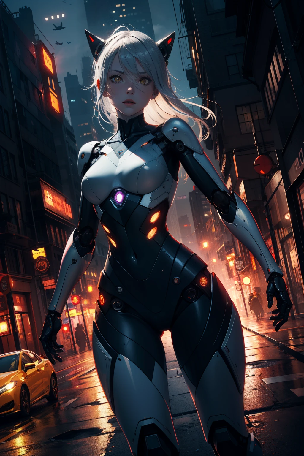 1girl robot, chrome skin, blue trim, intricate detail, yellow eyes, kick, city, dynamic, absurdres, volumetric lighting, chiaroscuro, high res, ultrasharp, 8k, masterpiece