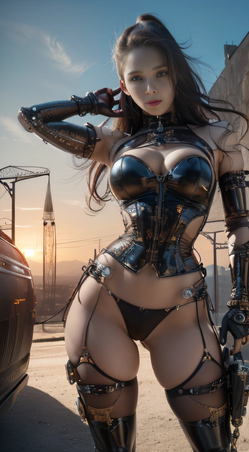 Cute young biomechanical steampunk fighting robot woman realistic movie shallow focus scene, More about her full-body steampunk、Standing in a barren place with smooth movements,Enjoy stunning cloud views and sunsets、Hydraulic cylinder、appearance、pipelines、with light glowing、vacuum tubes、processor、lead、fiberglass exhaust pipe、radiator、electronic circuits、
Cracks are visible、Elizabeth Olsen
(Wear futuristic clothes (yo:0.3) Her complex and detailed anatomically sculpted biomechanical steampunk body, (Biomechanical steampunk robot gradient、Intricate anatomical sculpting and gothic loli details).futuristic headset、
(Anatomically Sculpted Biomechanical Steampunk Cybertron Elegant Glamorous Gothic Lolita、electric cables, Wires and microchips are、 clever use of her fembot body)
Slender figure with youthful and beautiful round face, expressive round eyes,
Shot using bright natural light and beautiful vibrant colors. Stunning steampunk style 8K resolution images.
The scene has a strong artistic conception of a hero refusing to admit defeat.., A wonderful full scene of a woman'The whole body is filled with happy expressions.