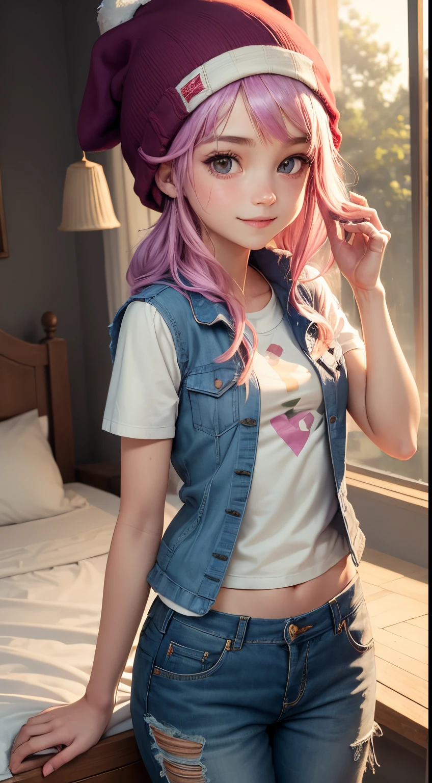 1girl, masterpiece, (detailed background), best quality, absurdres,
bedroom, bed, window,
mlpglimmer, shirt, hat, short sleeves, pants, vest, streaked hair, torn clothes, colored skin, beanie, torn pants, solo, smile, personification,