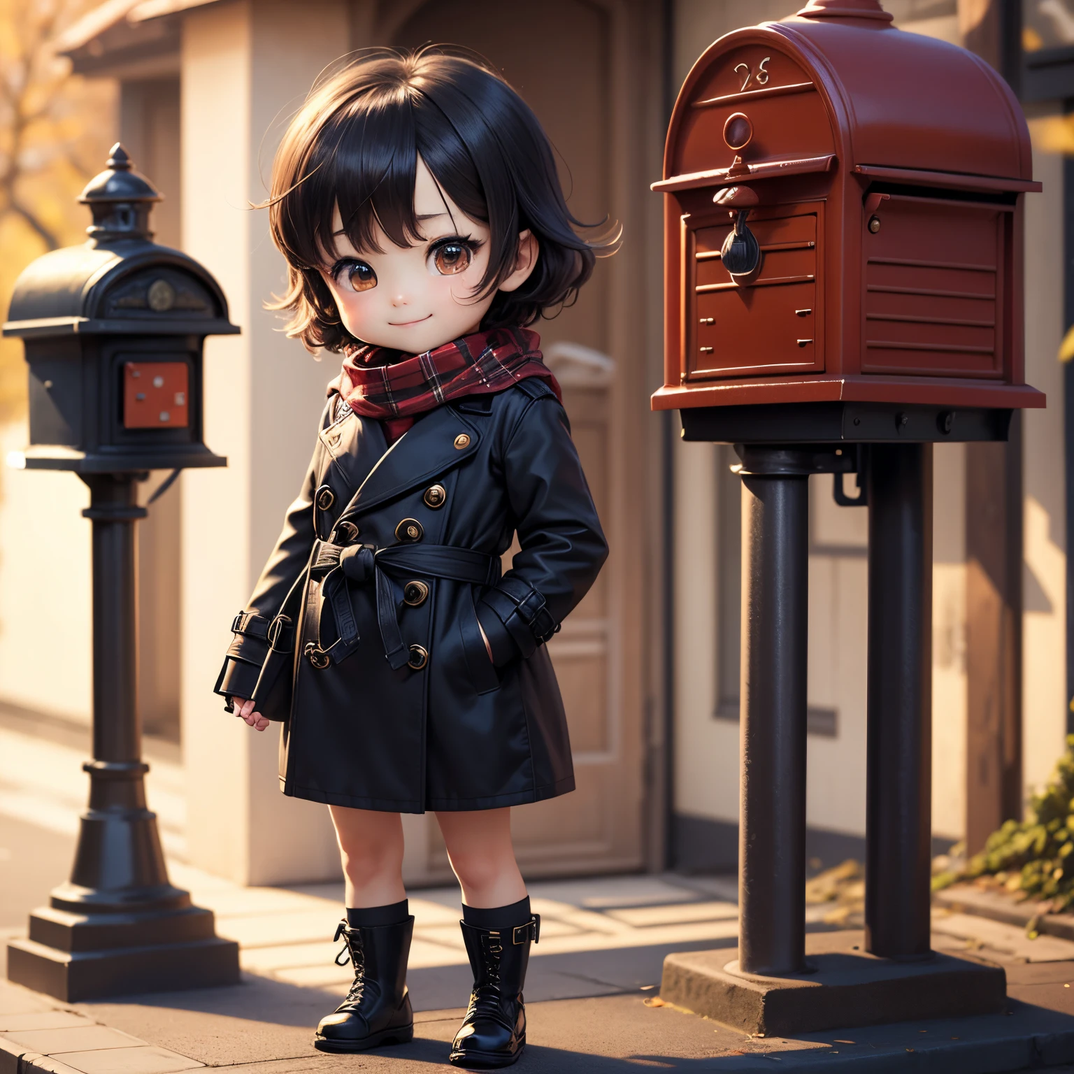 masterpiece、top-quality、ultra-detailliert、(Chibi Chara:1.2)、Trench coat for the winter、muffler、Stretch your back、(Postbox:1.27)(put a letter in the mailbox:1.27),A smile、post office,Full-body standing figure