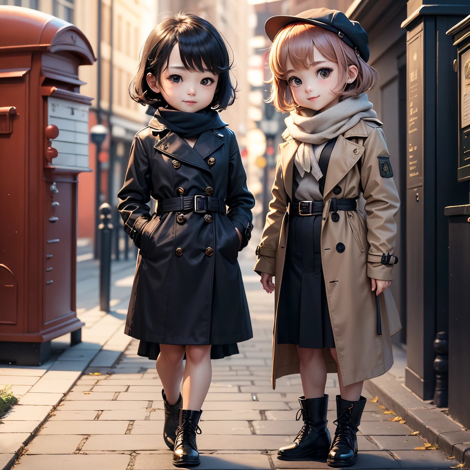 ​masterpiece、top-quality、ultra-detailliert、（Chibi Chara：1.2）、Trench coat for the winter、muffler、Stretch your back、(Postbox:1.27)（put a letter in the mailbox:1.27),A smile、post office，Full-body standing figure