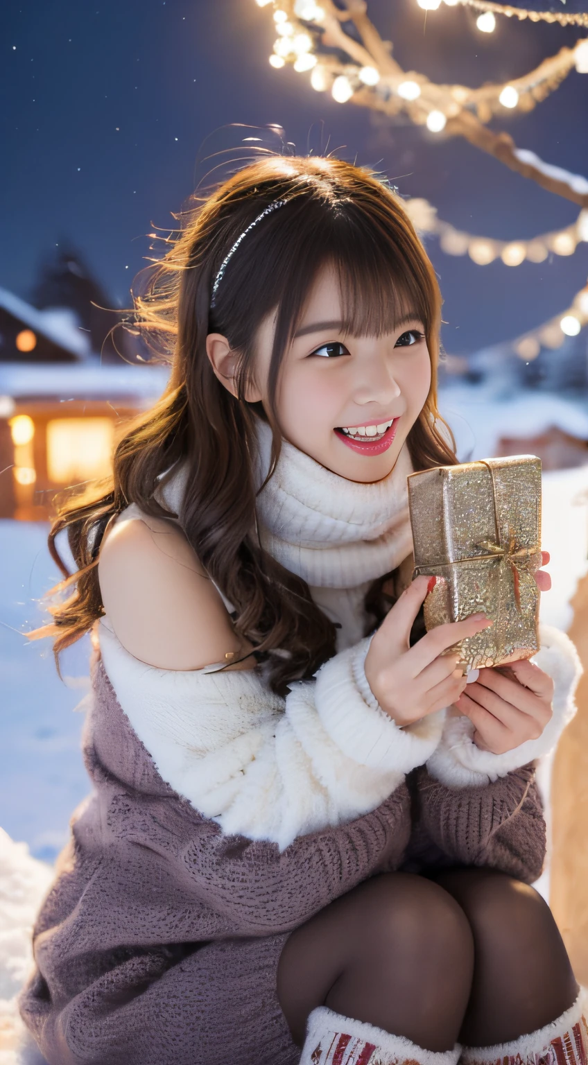 (Best Quality,4K,hight resolution,masutepiece:1.2),Realistic,Christmas,girl,Hugging a big teddy bear,stuffed animal,Wear warm clothes,Snow falling in the background,Winter wonderland,Joyful expression,Magical atmosphere,Soft lighting,Vivid colors,Happiness,laught,Welcoming environment,Warmth,Smiling eyes,Curly hair,Shimmering decoration,Twinkling lights,wrapped present,Rooftop with Santa Claus and reindeer flying in the distance,magic snowflake,christmas tree with ornaments,log cabin,curl up near the fireplace,hot chocolate with marshmallows,Peace and quiet,Excitement and anticipation,Snowy landscape,Enchanted moments,Playful laughter,Upholstered stockings,Holiday spirit,love and togetherness.thighs thighs thighs thighs、off shoulders