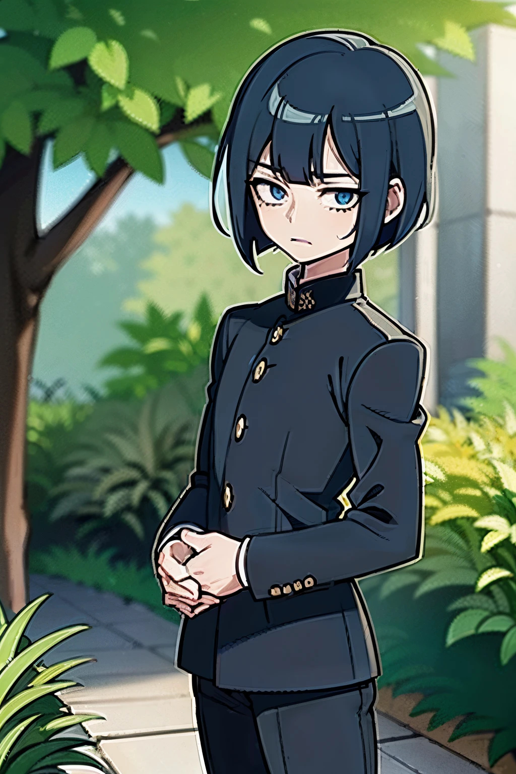 garoto jovem, blue hair, bob hair cut, blue eyes, wearing black student outfits, black gakuran, anime boy, shy face, in a garden, shy face, cute anime pose, hd, masterpiece, best quality, grey filter, 4k, anime, 8k