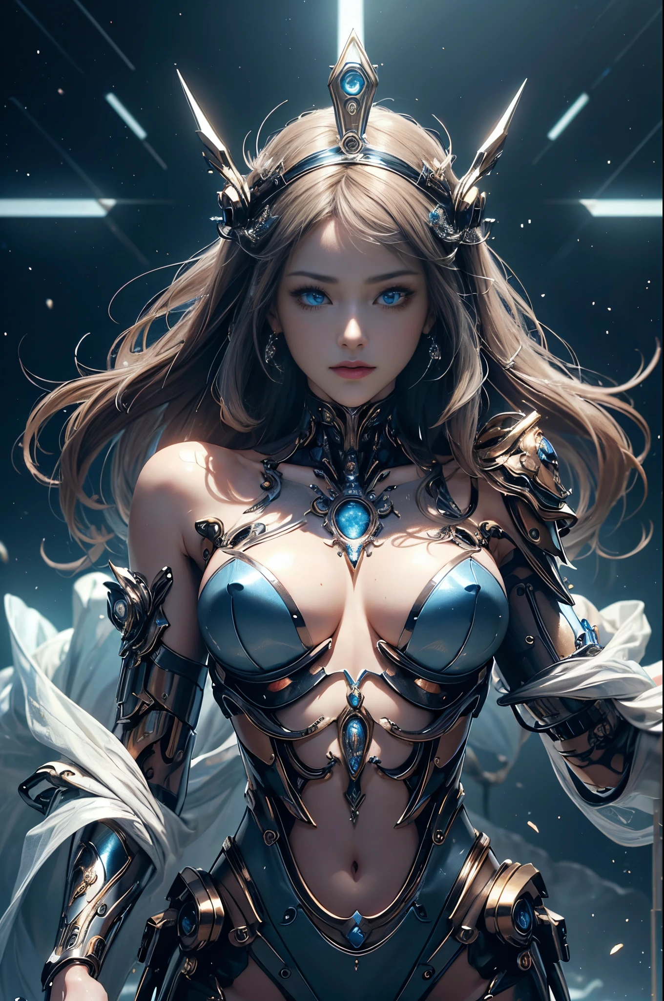 intricate ornate anime cgi style, super detailed fantasy characters, 4K highly detailed digital art, karol bak uhd, cyborg goddess in cosmos, beautiful digital works of art, 2. 5 d cgi anime fantasy artwork, Goddess. extremely high detail, portrait of cyborg queen, extremely detailed goddess shot, Half body machine, Inorganic, Next generation high performance cyborg, Goddess of Machines, The perfect cyborg, ultimate replicant, A masterpiece created by ultra-high performance AI, ultimate weapon, Best Quality, Perfect Angle, perfect-composition, sharp outline, Best Shots, perfect shapes, perfect model style, Very beautiful and detailed eyes, Hollow eyes, blue eyes without pupils