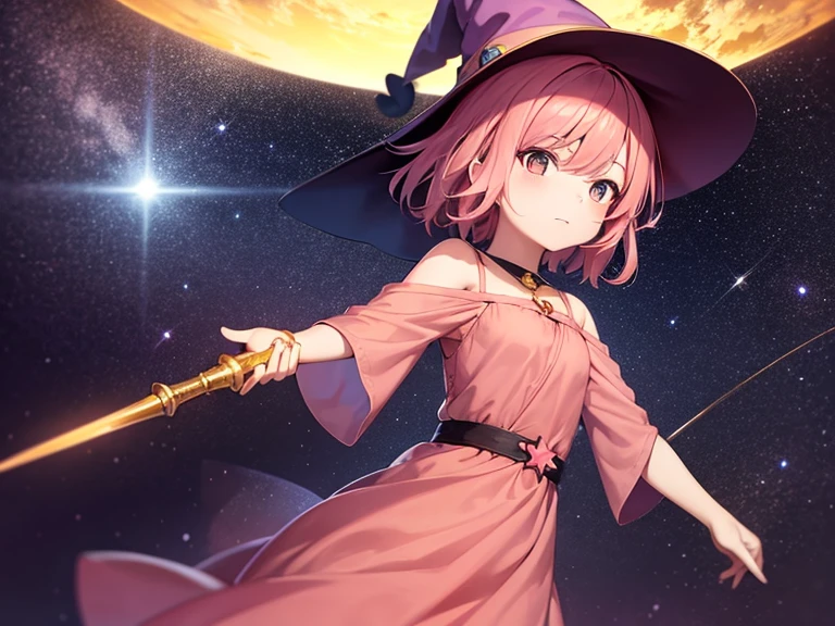 a short pink-haired anime girl with eye color orange sunset wearing a witch's hat and carrying a magic wand and looking at the stars