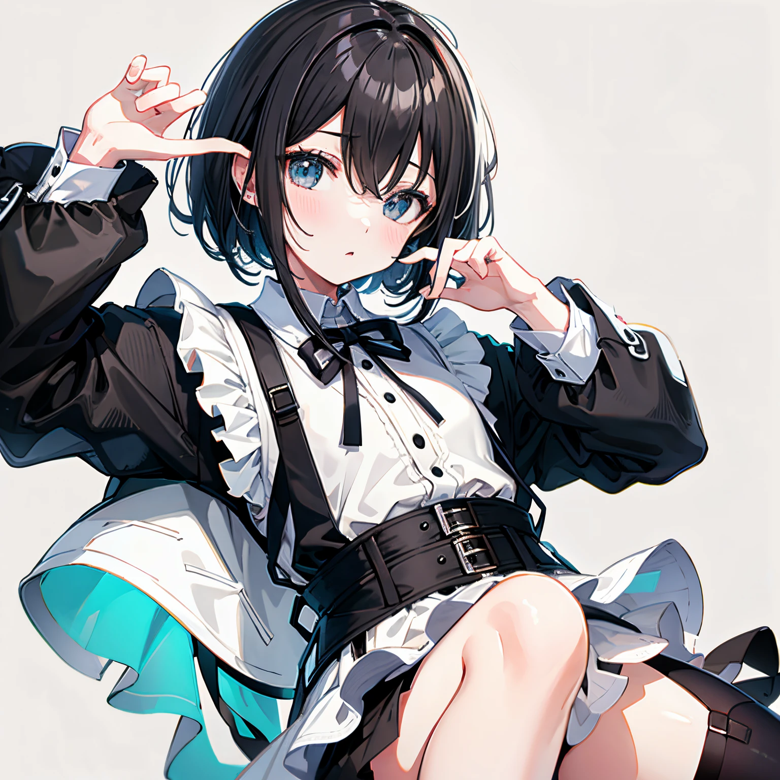 【Highest Quality, masutepiece】 [1 girl in,manteau,expressioness, turquoise Eyes, front facing, Jet-black hair,straight haired, Bery short hair , black Cafe Apron, White jacket,Take off your jacket,] (Gray white background:1.5),