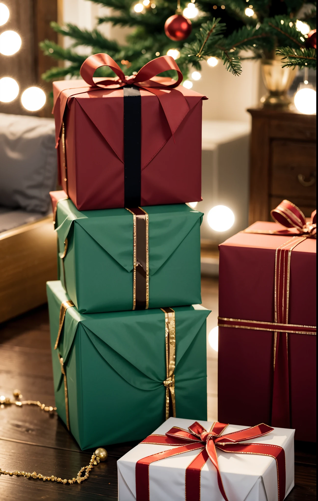 (best quality,4k,8k,highres,masterpiece:1.2),ultra-detailed,realistic,gifts,table,Christmas tree,decorations,wrapping ,bows,ribbon,presents,holiday spirit,vibrant colors,warm lighting,cozy atmosphere,toys,cards,candles,snowflakes,joyful,celebration,exquisite details,exciting surprises,shiny ornaments,sparkling tinsel,beautifully wrapped,excited children,anticipation,festive mood,magical ambiance,delightful moment,wonderful memories,family gathering,cheerful faces,Christmas magic,extravagant,abundance of presents,HDR,UHD,studio lighting,ultra-fine painting,sharp focus,physically-based rendering,professional,vivid colors,bokeh.