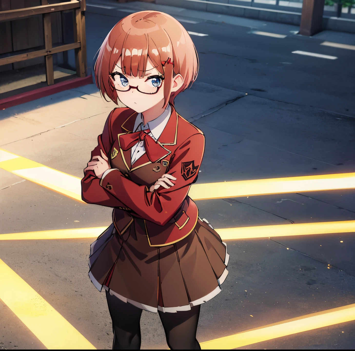 (extremely detailed CG unity 8k wallpaper), (masterpiece), (best quality), (ultra-detailed), (best illustration), (best shadow), (absurdres), 1girl, solo, ogata rizu, (school uniform, red jacket:1.2), (brown skirt:1.2), (black leggings:1.2), looking at viewer, pout, standing, crossed arms, cowboy shot