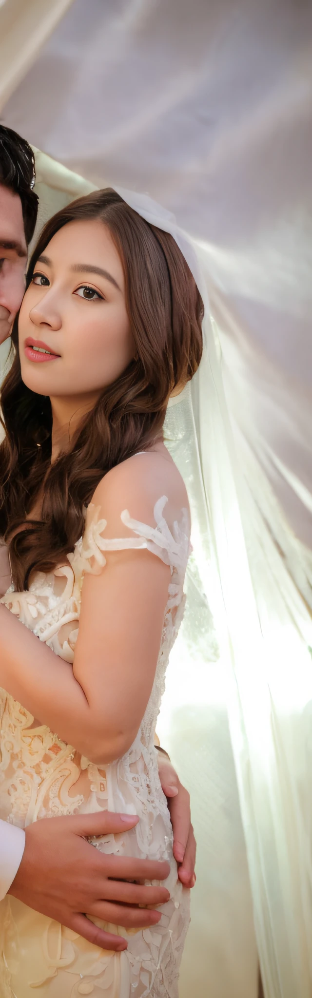 The bride and groom take pictures in the tent..., Dressed in intricate white lace..., portrait shot, Wear an organza dress., close up half body shot, Wear a wedding dress, The backdrop is natural light..., Clear curved details, white outfit, Close-up details, photo taken with nikon d750, Wear a long dress..., photo taken with nikon d 7 5 0