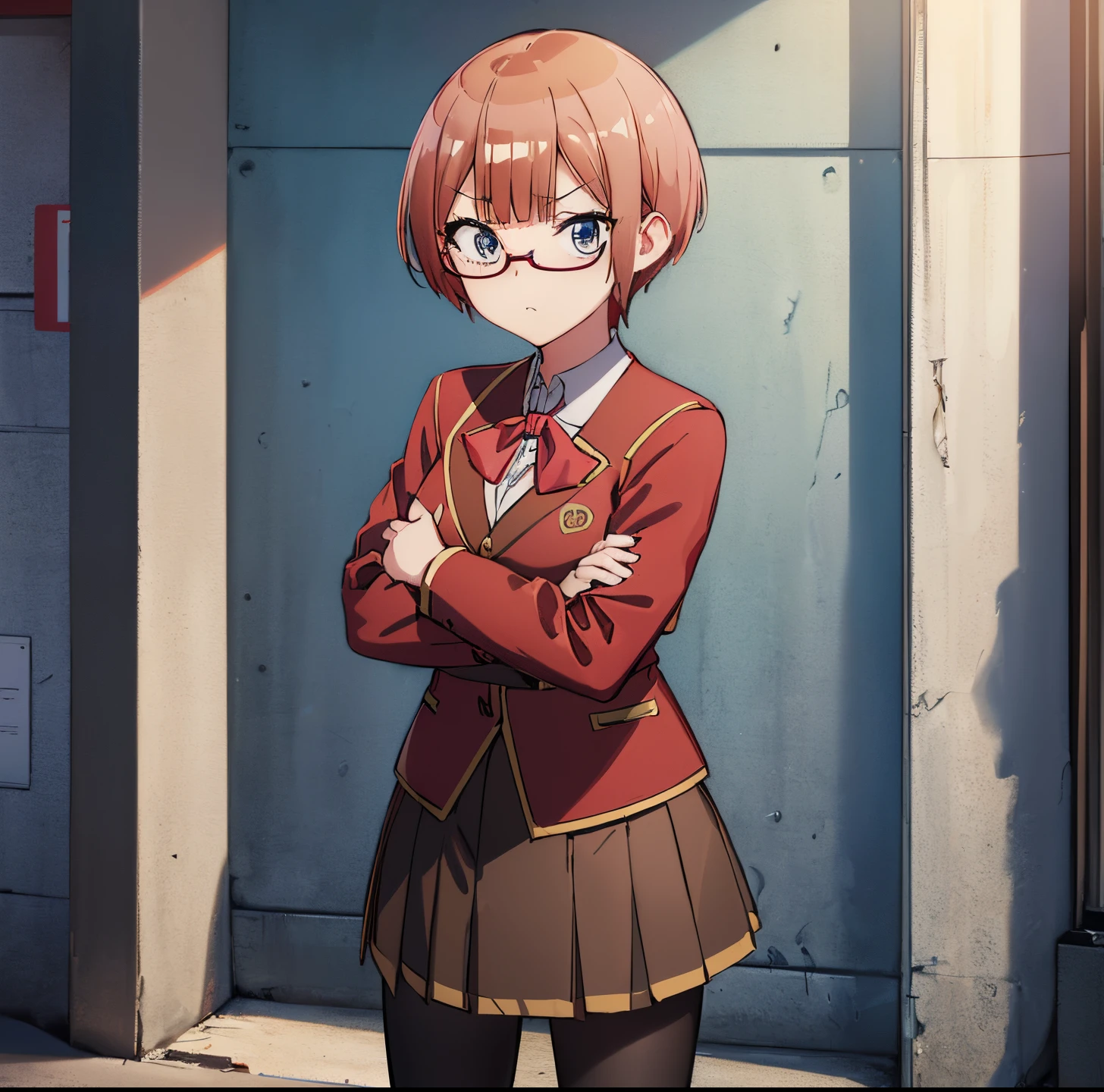 (extremely detailed CG unity 8k wallpaper), (masterpiece), (best quality), (ultra-detailed), (best illustration), (best shadow), (absurdres), 1girl, solo, ogata rizu, (school uniform, red jacket:1.2), (brown skirt:1.2), (black leggings:1.2), looking at viewer, pout, standing, crossed arms, cowboy shot