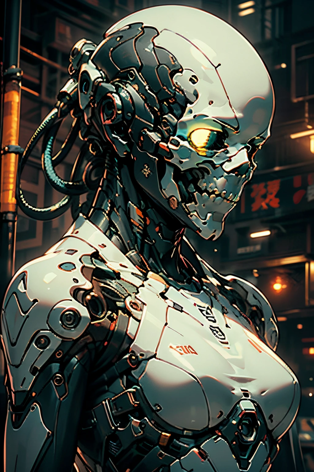 Top quality, Masterpiece, 超高分辨率, ((Photorealistic: 1.4), RAW photo, 1 Cyberpunk android girl, ((Portrait)), Glossy glossy skin, black skull lower half of face, (hyper realistic detailed)), Clear plastic covers mechanical limbs, Tubes attached to mechanical parts, Mechanical vertebrae attached to the spine, mechanical cervical attachment to the neck, wires and cables connecting to head, Evangelion, ((Ghost in the Shell)), Luminous small light, globalillumination, Deep shadows, Octane rendering, 8K, ultrasharp, metal, Intricate Ornament Details, baroque detailed, very complex details, Realistic light, CGSoation trend, Facing the camera, neon light detail, (Android manufacturing plant in the background), art by H.r. Giger and Alphonse Mucha.