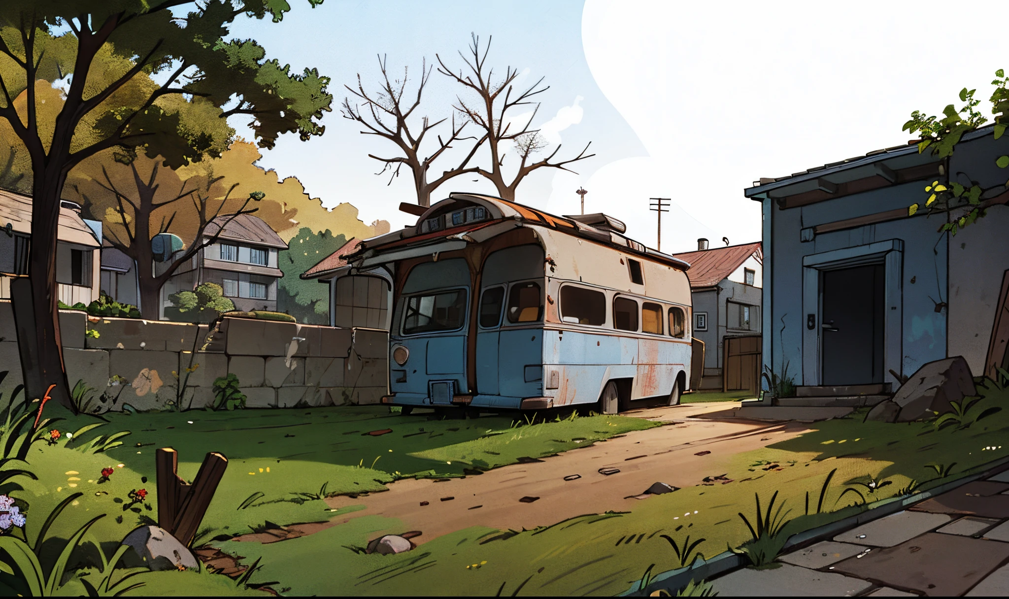 Casa velha ao centro de uma cidade abandonada. Fundo do anime