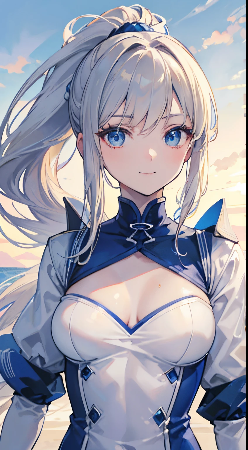 18 year old beautiful girl, Big blue eyes,  Small and slender with slightly larger breasts, , ((Beige hair,)),(Hair in the ponytail on the left side), in 8K, of the highest quality, (Highly detailed head: 1.0), (Very detailed face: 1.0), (very detail hair: 1.0),( white battle costume with high exposure), Detailed official artwork, anime moe art style, clean detailed anime art, Cool smile