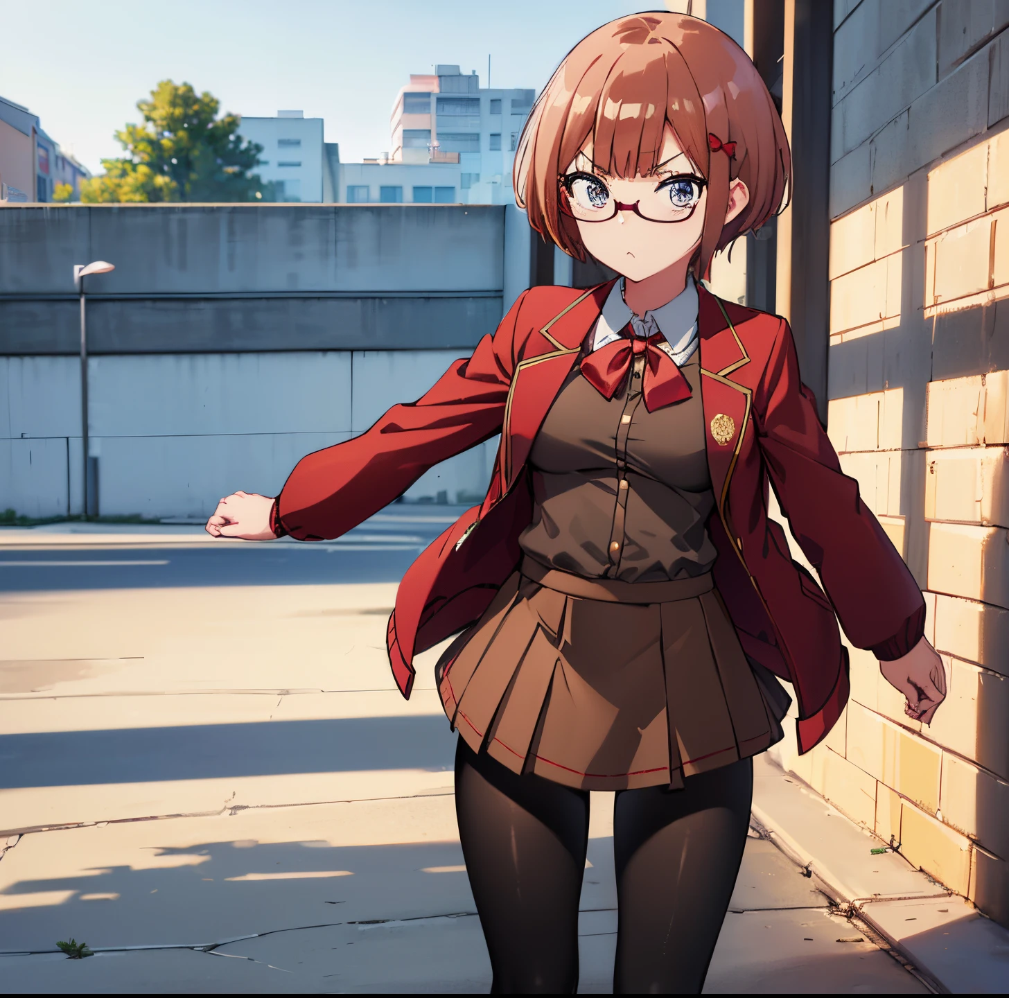 (extremely detailed CG unity 8k wallpaper), (masterpiece), (best quality), (ultra-detailed), (best illustration), (best shadow), (absurdres), 1girl, solo, ogata rizu, (school uniform, red jacket:1.2), (brown skirt:1.2), (black leggings:1.2), looking at viewer, pout, standing, crossed arms, cowboy shot