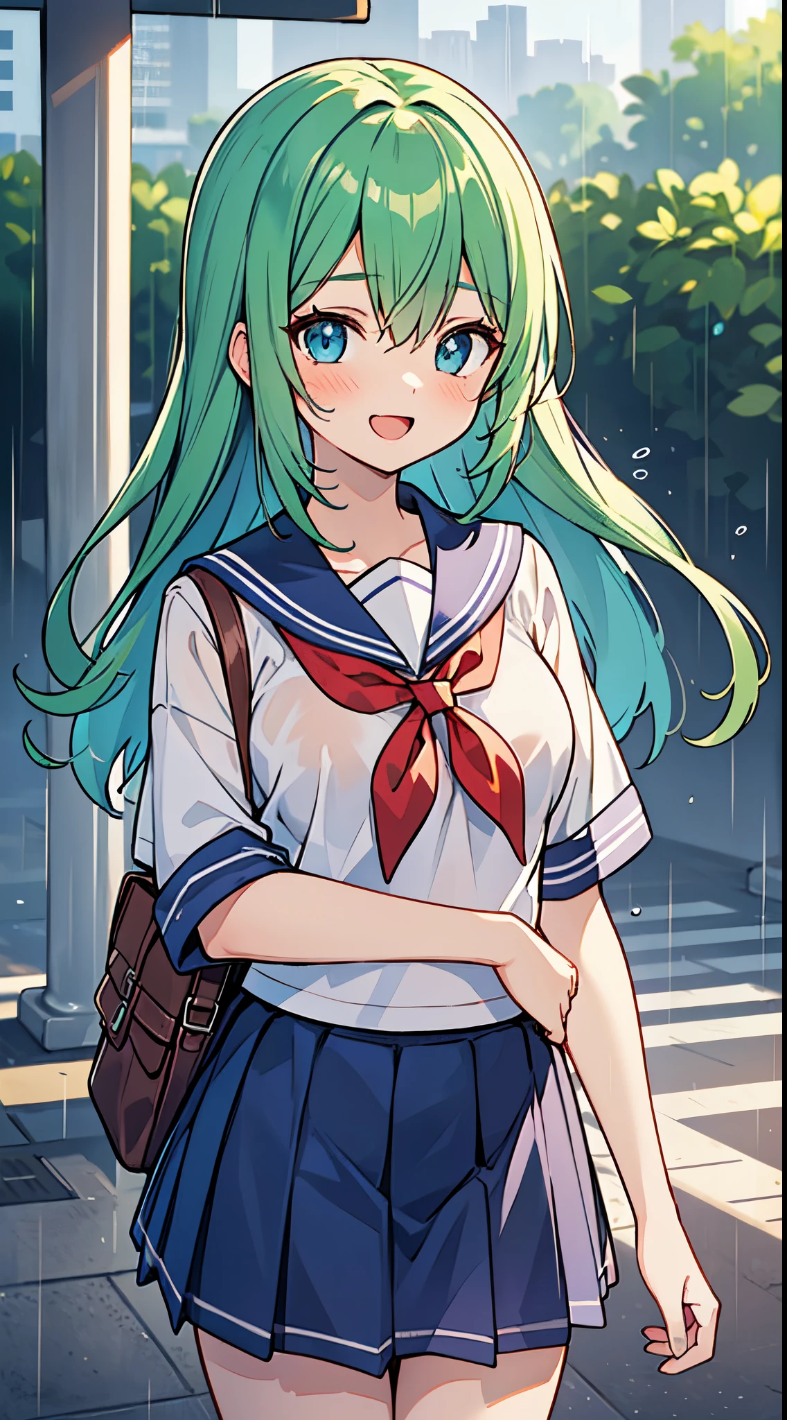 ((Pretty High School girl with green hair and blue eyes)), ((wearing Sailor suit)), face, ((master piece, top-quality, ultra-definition, high resolution)), anime girl, ((ultra-detailed illust:1.2)), only one person, bangs, hair between eye, beautiful hair, Beautiful eyes, Medium breasts, Big smile, opened mouth, At the bus stop, ((rainy))