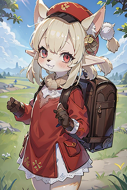 , outside, happy, smiling, daylight, short, small, pointy ears, elf ears, furry elf ears, furry, hat, backpack