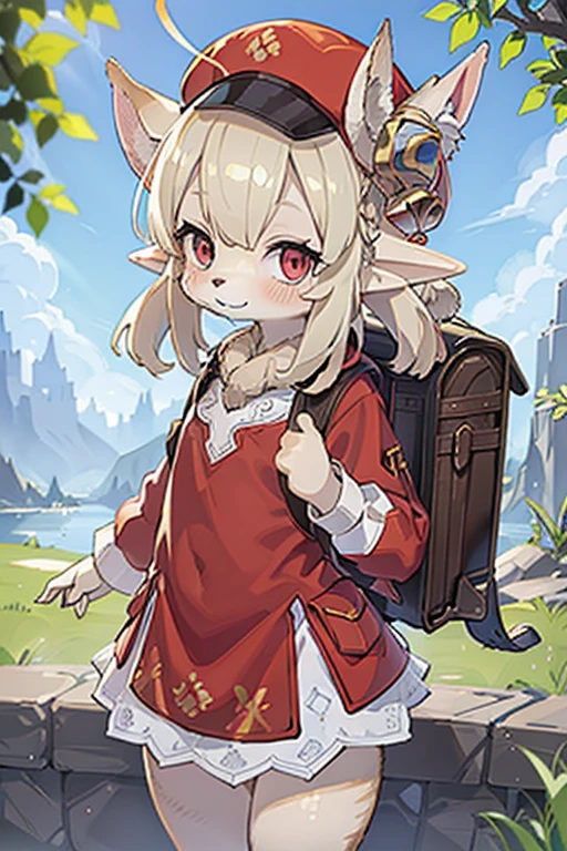 loli, outside, happy, smiling, daylight, short, small, pointy ears, elf ears, furry elf ears, furry, hat, backpack