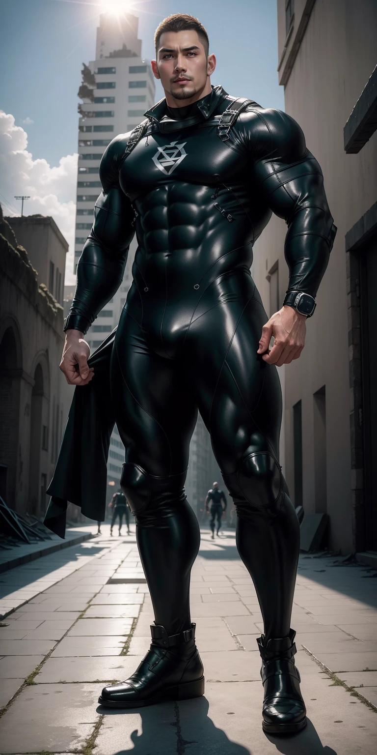 A tall, muscular man 2 meters tall opened his mouth and shouted.，He opened his mouth wide，character  design（Resident Evil - Chris Redfield，Chris Redfield）Wearing a shiny dark gray wetsuit，The whole body is wrapped，High-end leather texture，Regular symmetrical texture pattern，Standing alone in the ruins of the city in the open air, Bright sunlight shines on the body，，expression sad，Deep and charming pupilale heroes，heroic masculine pose，Tall and burly，musculous！Sexy and attractive leg muscles，tall, Burly, and strong， Wearing a shiny dark gray wetsuit， Super gain and cool， commission for high resolution， Big feet wearing dark gray boots，Charming strong man，Bright sunlight shines on the body，Reflective and shiny