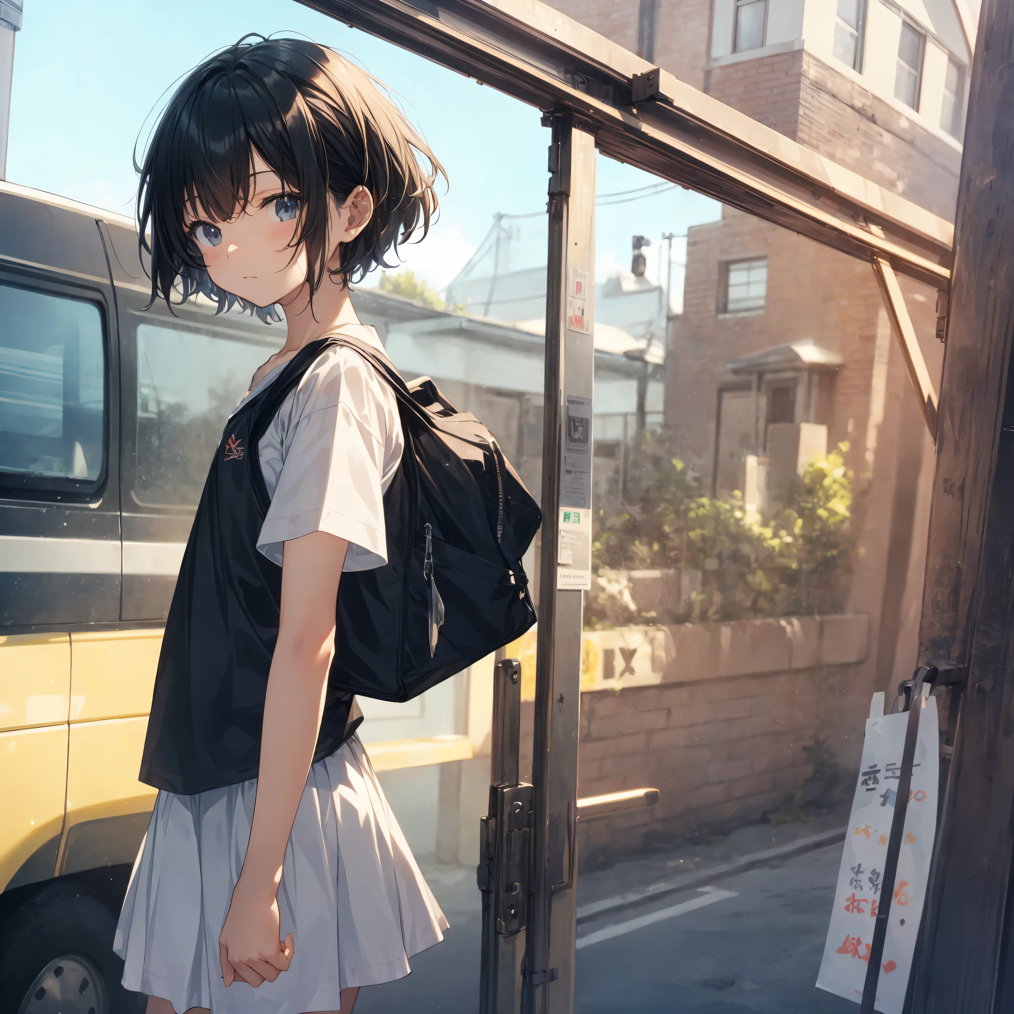 Super high quality by the art god, Ultra-detailed, High resolution, anime moe art style, Best Anime 8K Konachan Wallpapers, Pixiv Contest Winner, Perfect Anatomy, BREAK,(Draw a girl sleepily walking to school. ),BREAK, 1girl in, (Solo,Lori,child,13years:1.3),Full limbs, complete fingers,a junior high school student, Androgynous attraction, (Very short hair), Sleeping hair, hair messy, flat chest, Small butt, groin, Small eyes,Beautiful detailed black eyes, Well-proportioned iris and pupils, disgusted eye, High resolution detailed hair, School uniform, Skirt, On the way to school. BREAK,super detailed skin, Best lighting by famous artists, 8K, Illustration,