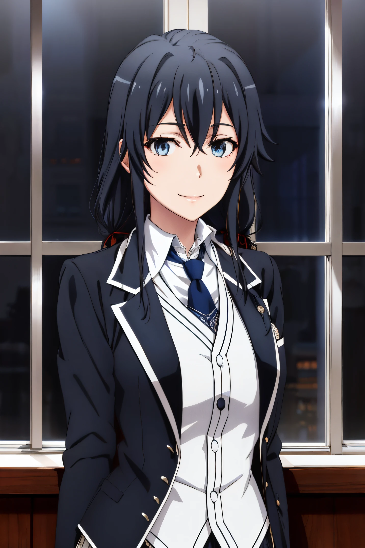 Yukinoshita yukino ,woman in formal attractive tailcoat standing in a large alcove in the room , 1girl, solo, blue necktie, black hair, blue eyes, long hair, smile , collared shirt, white pants, white shirt , tailored tailcoat elegant , standing in front of a window ,tailcoat tailored to elegant . Featuring striking Victorian theme and crafted from the lustrous fabric