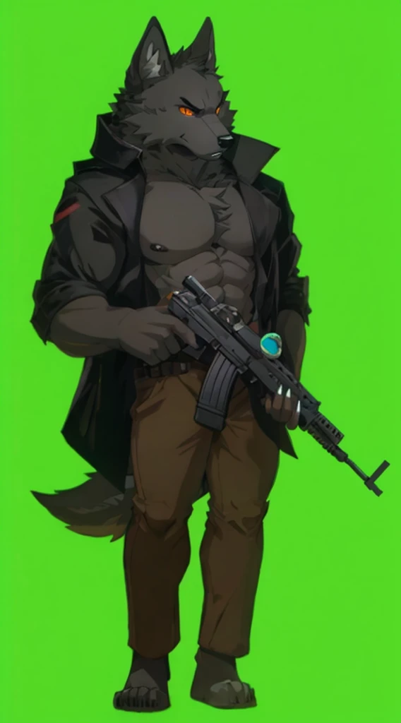 Black fur anthro wolf, (orange eyes (red pupil(black line in the middle of pupil))), short ears (black ears), (detailed (holding assault rifle (black assault riffle) with two hand (black paws))), (wearing (black jacket (no accesory on jacket) (muscular black fur chest uncovered)), (dark pants), no shoes). Hd quality, good quality, 4k, hd resolution.