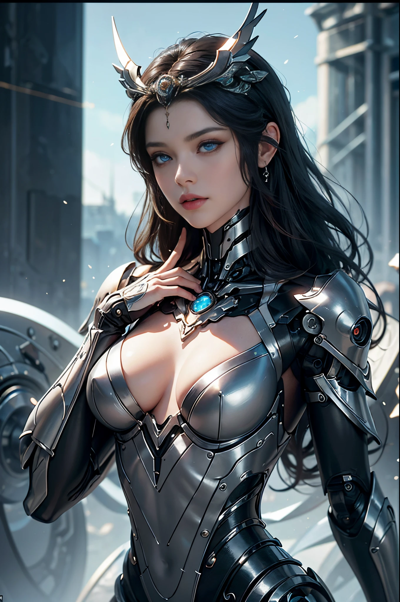 intricate ornate anime cgi style, super detailed fantasy characters, 4K highly detailed digital art, karol bak uhd, cyborg goddess in cosmos, beautiful digital works of art, 2. 5 d cgi anime fantasy artwork, Goddess. extremely high detail, portrait of cyborg queen, extremely detailed goddess shot, Half body machine, Inorganic, Next generation high performance cyborg, Goddess of Machines, The perfect cyborg, ultimate replicant, A masterpiece created by ultra-high performance AI, ultimate weapon, Best Quality, Perfect Angle, perfect-composition, sharp outline, Best Shots, perfect shapes, perfect model style, Very beautiful and detailed eyes, Hollow eyes, blue eyes without pupils